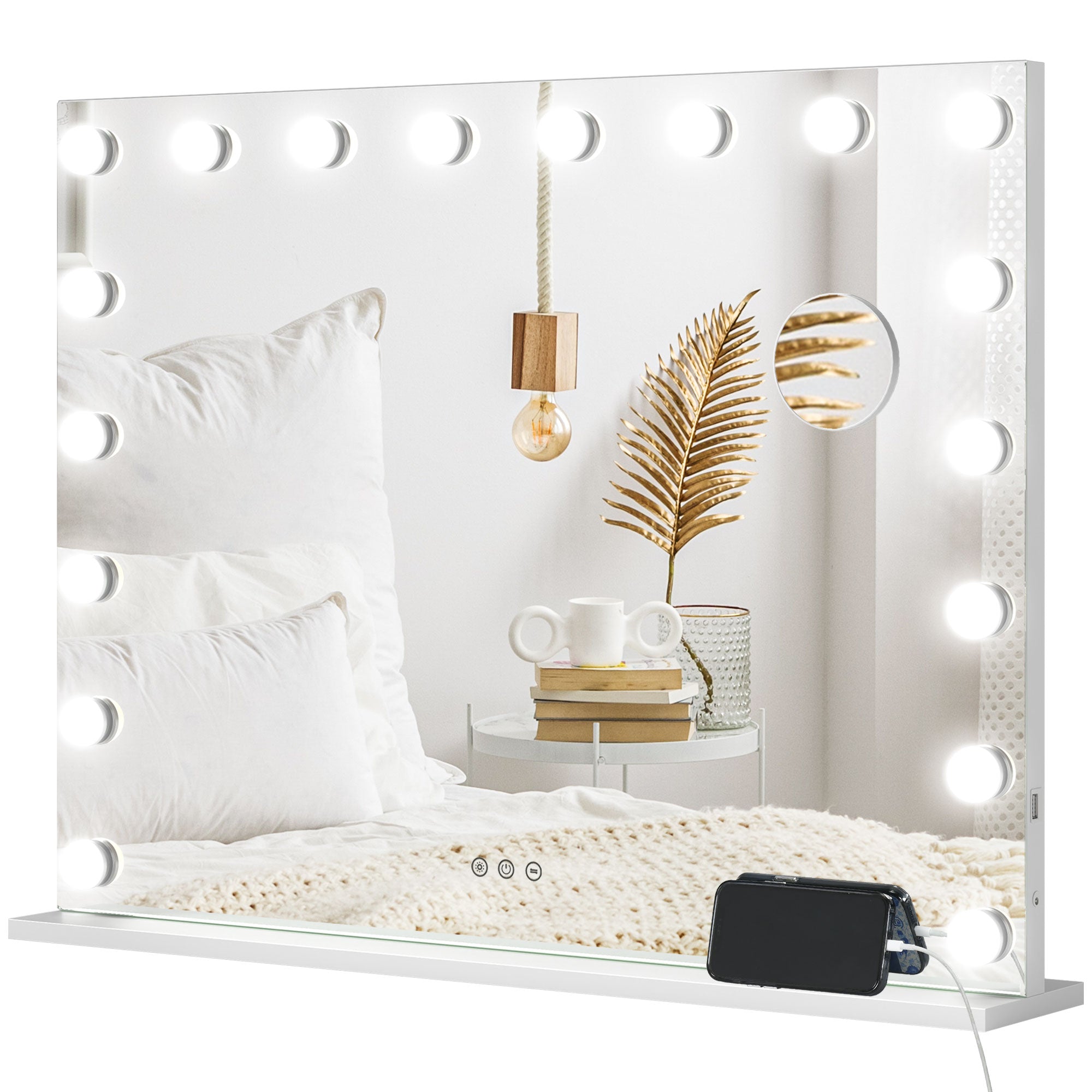 HOMCOM Hollywood Vanity Mirror with Lights, Large 80x62 cm Lighted Makeup Mirror with 3 Colour, 18 LED Bulbs, 10X Magnifying, USB Charging Port, Touch Screen, Tabletop or Wall Mounted Design, White - North Peak Garden Furniture