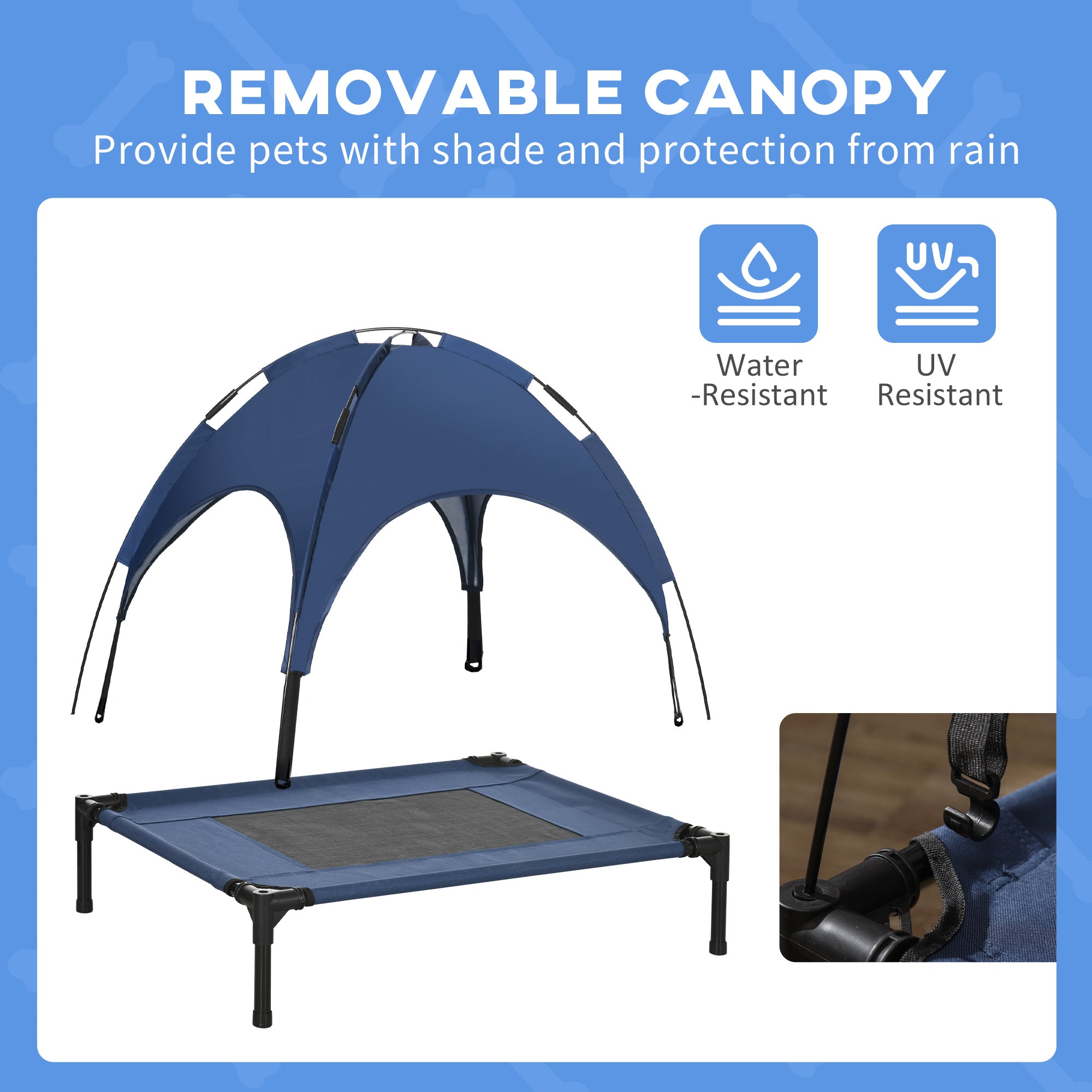 PawHut Raised Dog Bed Waterproof Elevated Pet Cot with Breathable Mesh UV Protection Canopy Blue, for Medium Dogs, 76 x 61 x 73cm - North Peak Garden Furniture