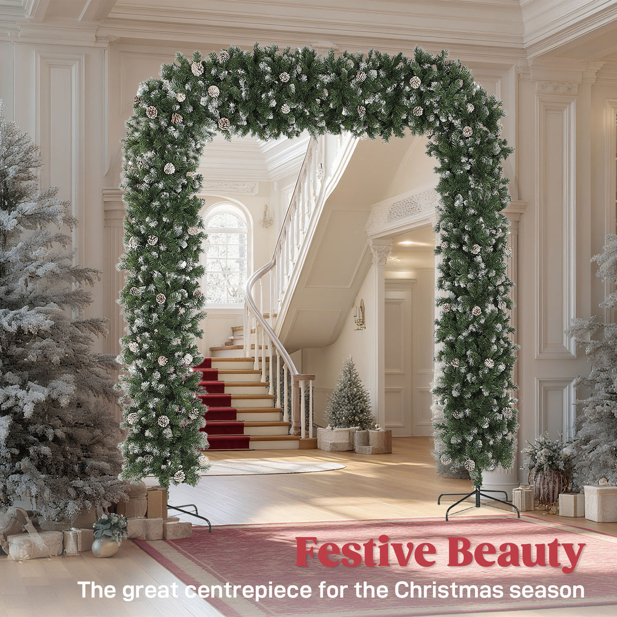 HOMCOM 8.2 ft Snow Frosted Christmas Tree Arch, Christmas Arch Doorway Decor with 2100 Tips and 96 Pinecones, Artificial Xmas Tree with Metal Stand for Indoor, Green