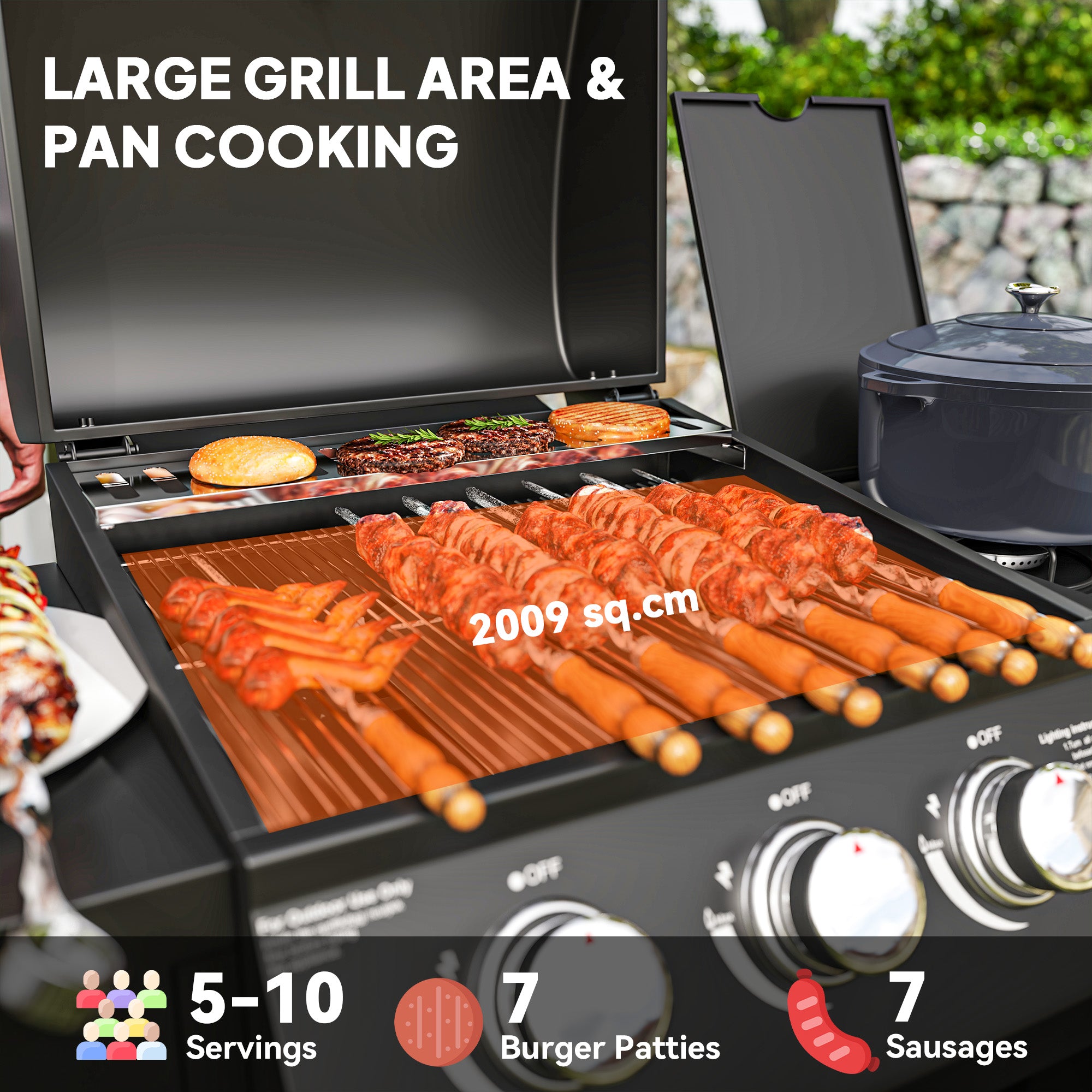 Outsunny 3+1 Burner Gas BBQ Grill with Storage Cabinet and Shelves, 9.5 kW Gas Barbecue Trolley with 6 Castor Wheels, Warming Rack, Thermometer for Outdoor Cooking Garden Party, Black - North Peak Garden Furniture