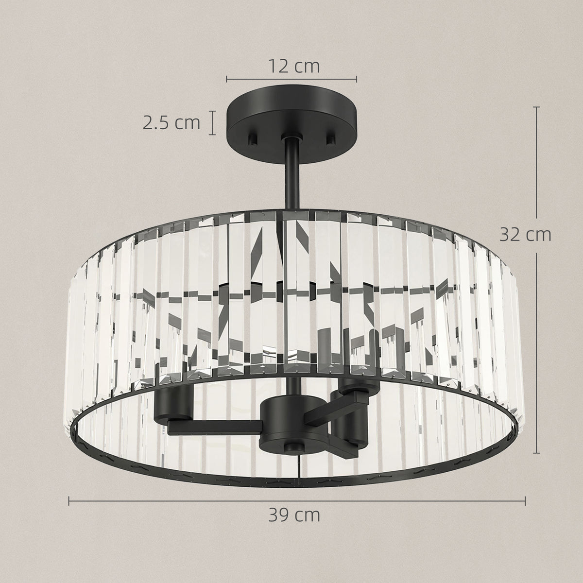 HOMCOM Crystal Ceiling Light, Semi Flush Mount Modern Crystal Chandelier Ceiling Light, E14 Base 3-Lights, Bulbs Not Included