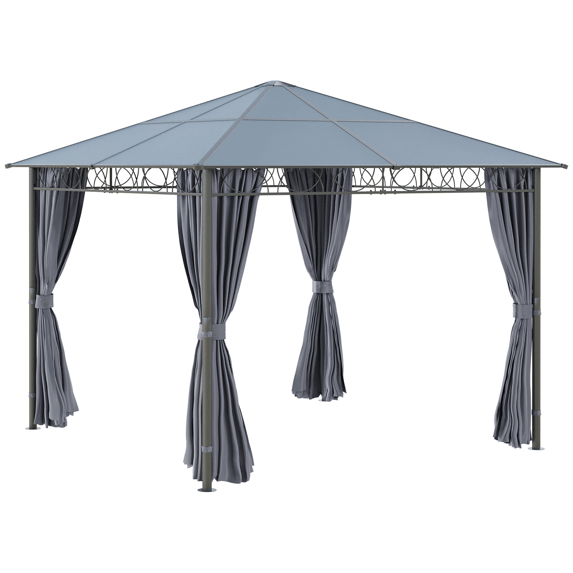 Outsunny 3 x 3(m) Hardtop Gazebo Canopy with Polycarbonate Roof, Permanent Pavilion Garden Gazebo with Curtains for Patio, Deck, Grey - North Peak Garden Furniture