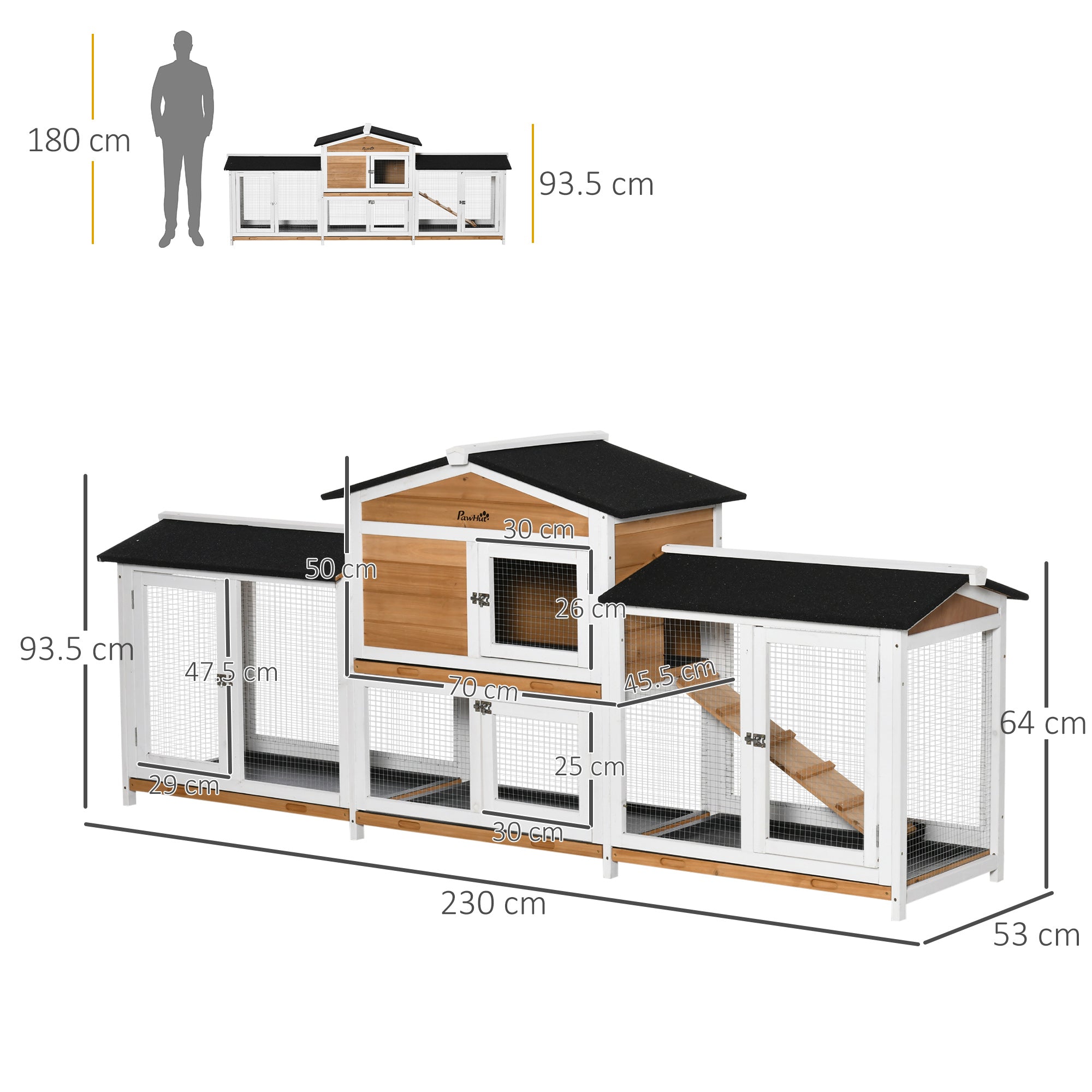 PawHut Large Rabbit Hutch Outdoor, 2-Tier Guinea Pig Hutch, Wooden Bunny Run, Small Animal House with Double Side Run Boxes, No-leak Plastic Tray, Ramp, 230 x 53 x 93.5cm - North Peak Garden Furniture
