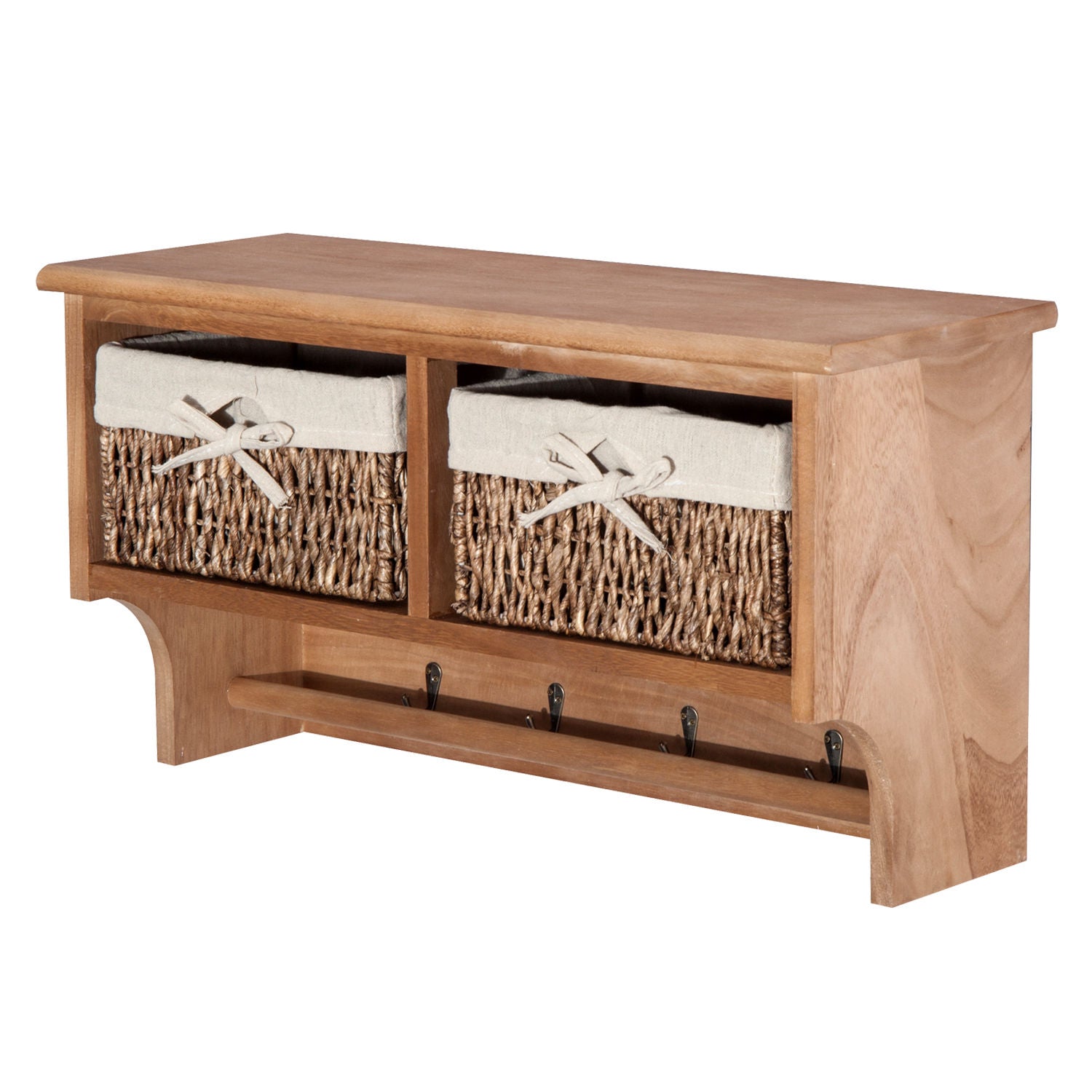 HOMCOM Entryway Coat Rack Wall Mounted Shelf w/ 2 Corn Husk Baskets and Hooks, Brown - North Peak Garden Furniture