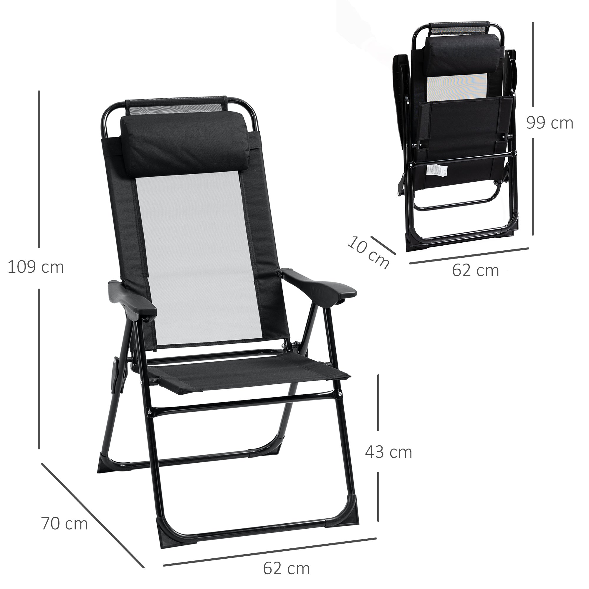 Outsunny Set of 2 Portable Folding Recliner Metal Outdoor Patio Chaise Lounge Chairs with Adjustable Backrest, Black - North Peak Garden Furniture