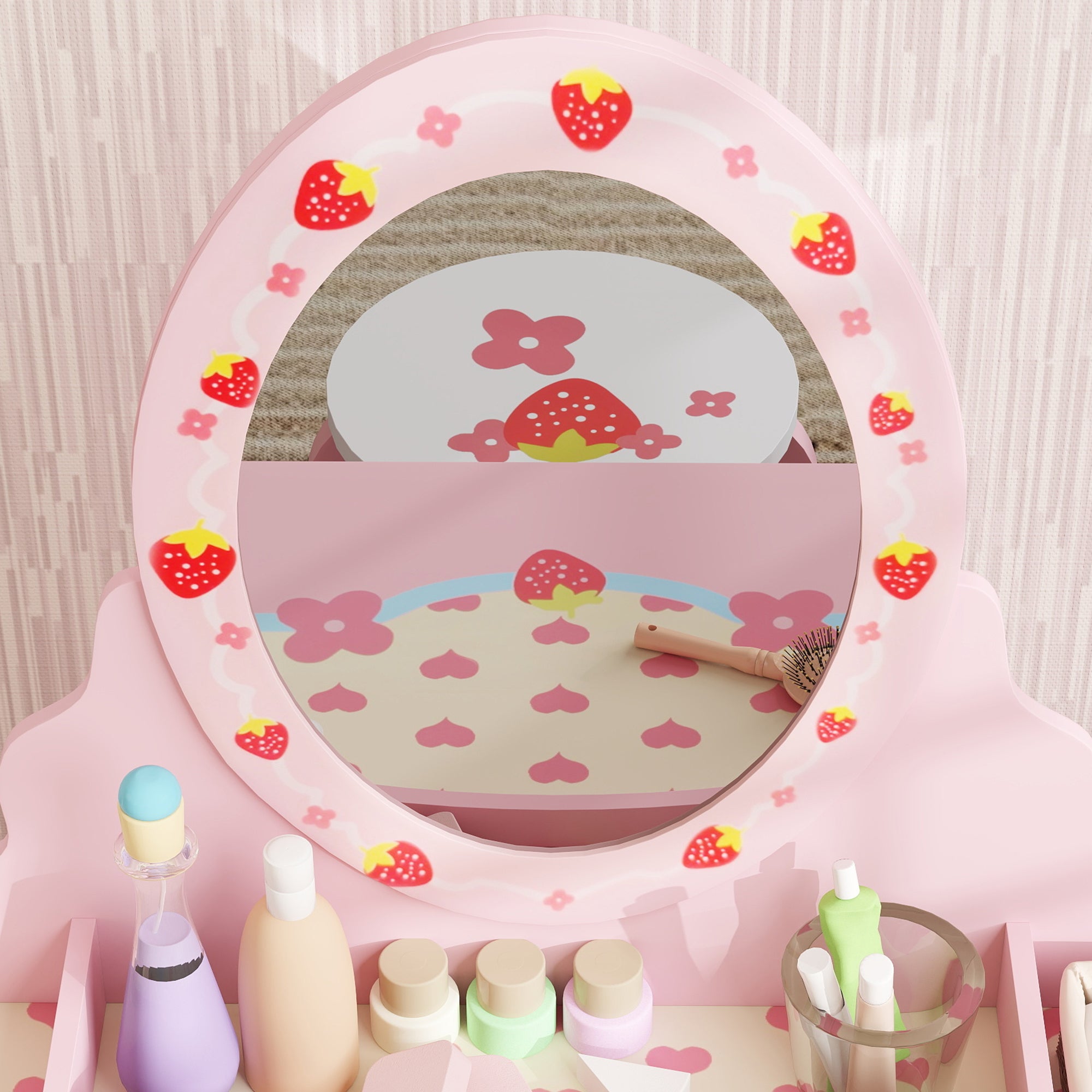 AIYAPLAY Kids Dressing Table Set, Vanity Table with Stool, Mirror, Drawer, Desktop Storage, Strawberry Theme, Pink - North Peak Garden Furniture