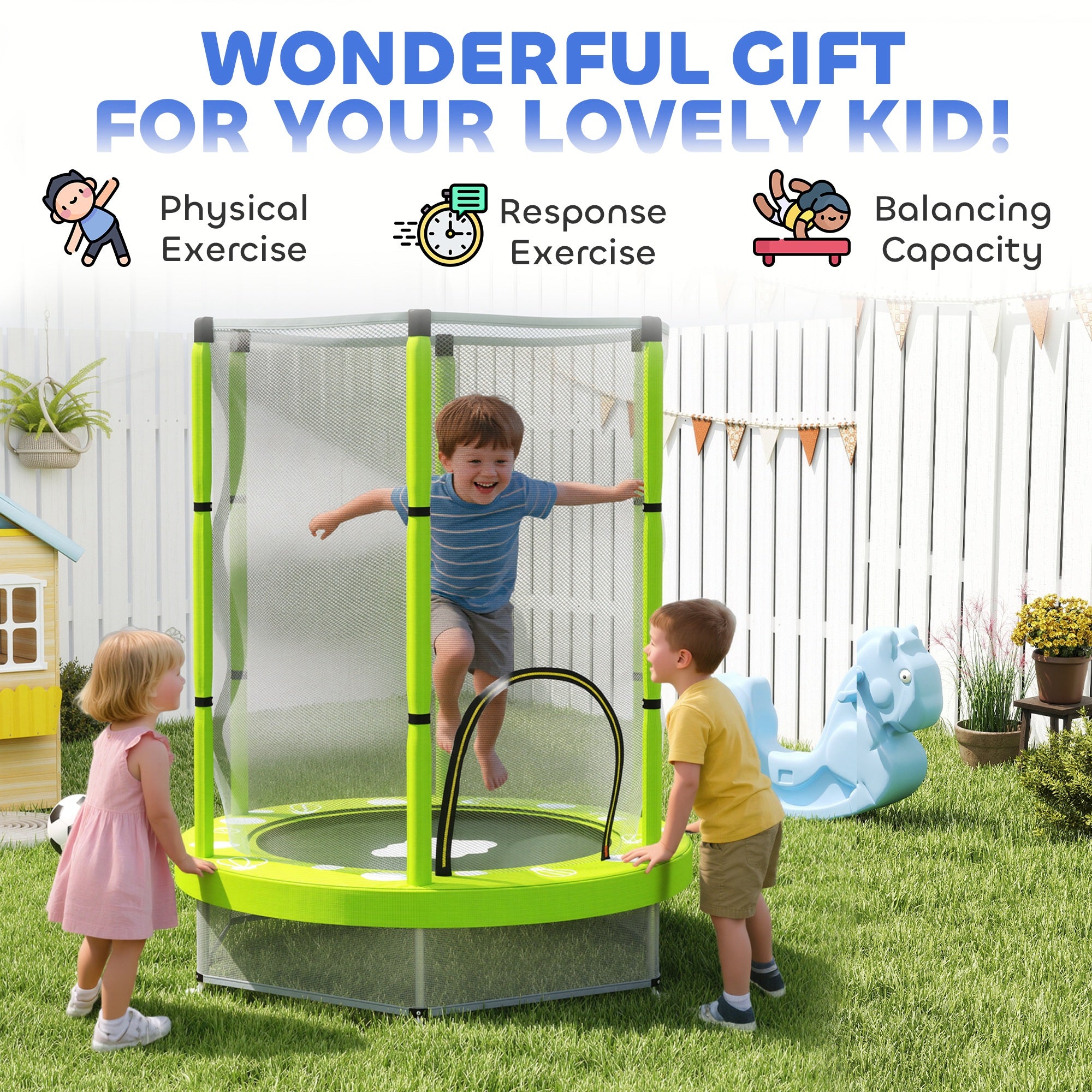 AIYAPLAY 4.6ft Toddler Trampoline w/ Safety Enclosure Net, for Indoor Outdoor Use, Ages 3-6 Years, Green