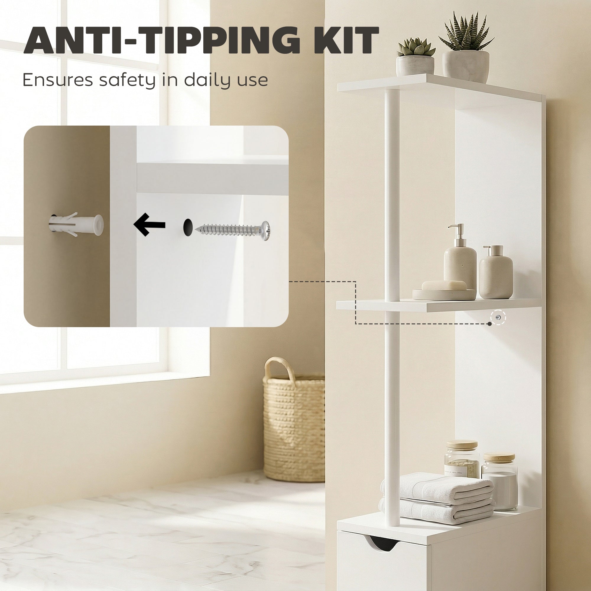 kleankin Slim Bathroom Storage Cabinet with Drawers, Tall Bathroom Cupboard with 2-Tier Shelf, White