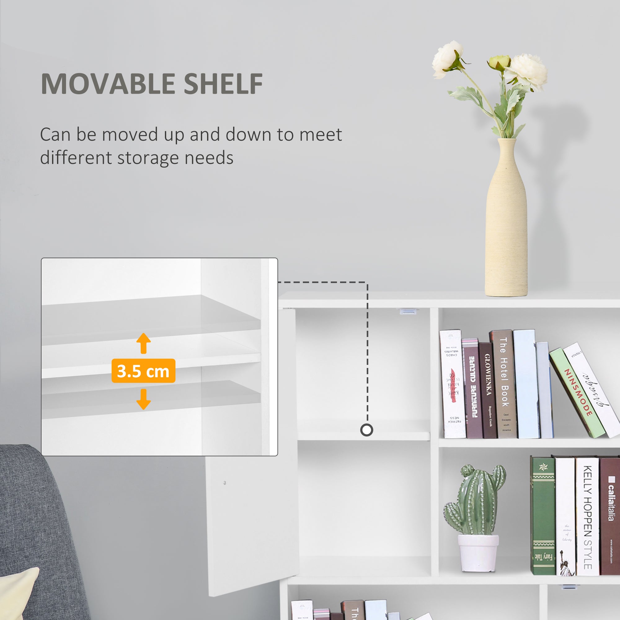HOMCOM Sideboard Bookshelf Free Standing Bookcase Shelves Unit Display Storage Cabinet w/ Adjustable Shelves, Wooden Leg, Two Doors, White - North Peak Garden Furniture