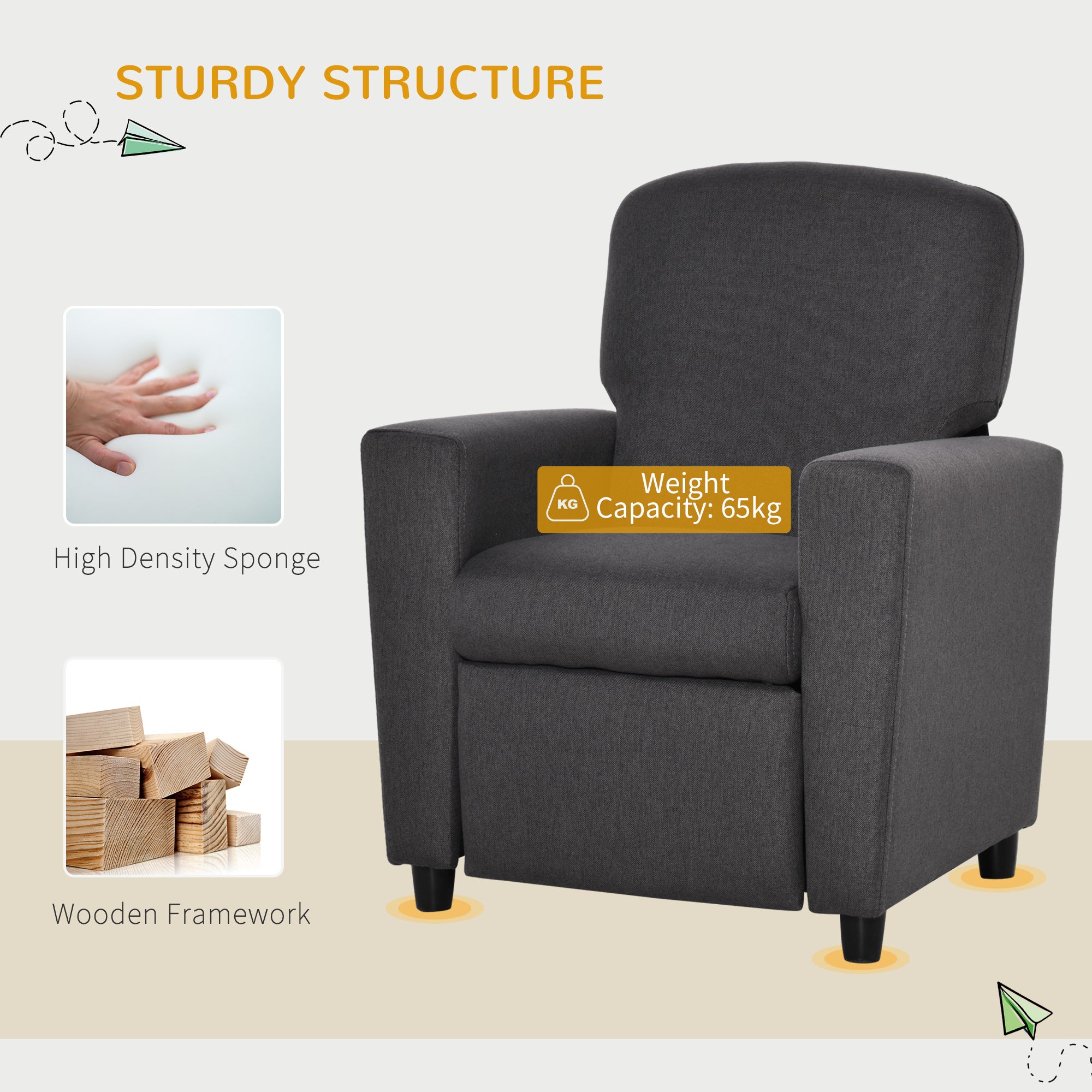 HOMCOM 2 in 1 design Kids Sofa Armchair with Footrest for Children Playroom Bedroom Living Room, 55 x 50 x 67cm, Grey - North Peak Garden Furniture