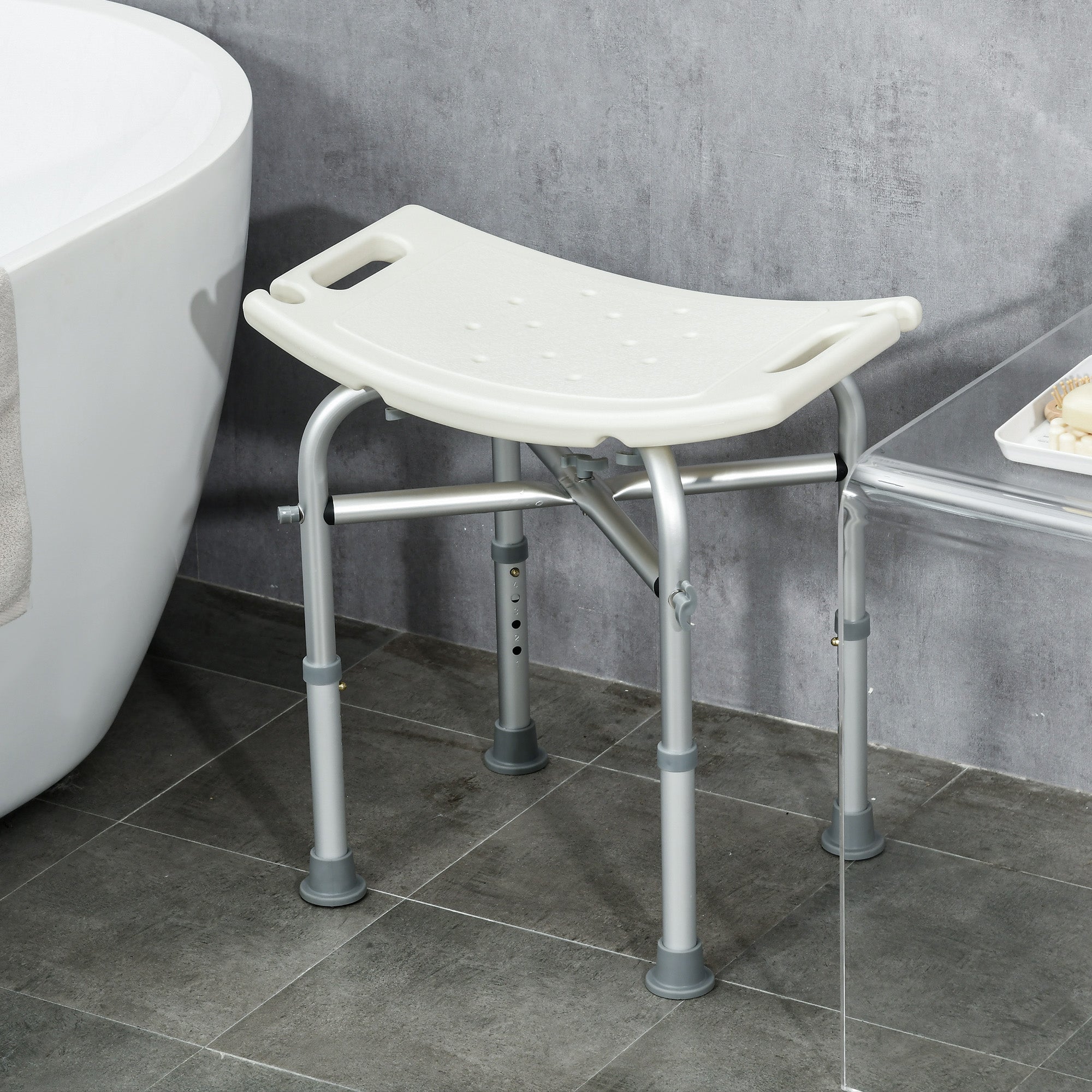 HOMCOM Aluminium Shower Stool for Elderly, Height Adjustable Shower Seat with Removable Padded Cushion, Shower Head Holder, Non-Slip Bath Stool for Seniors, Disabled, Pregnant, White - North Peak Garden Furniture