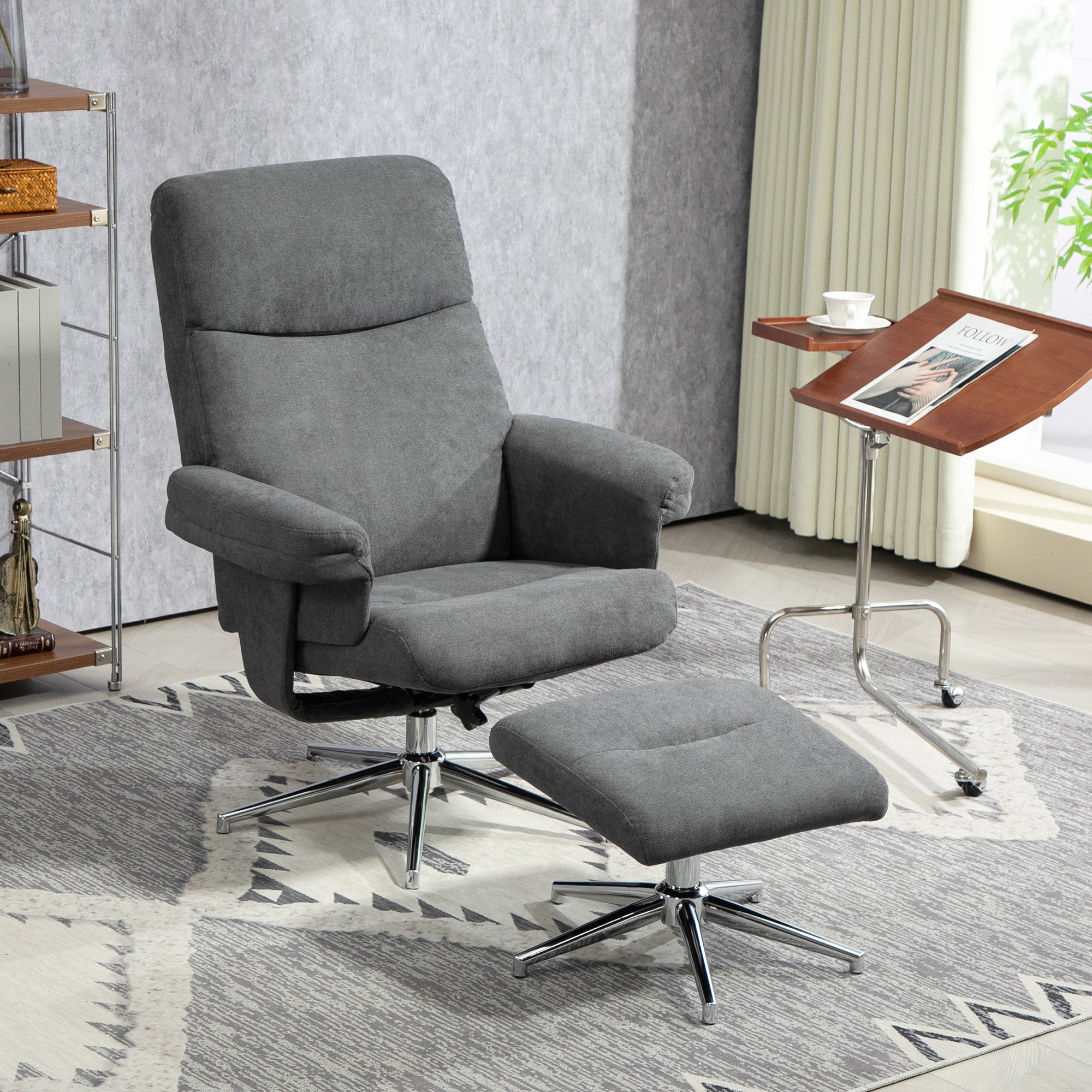 HOMCOM Recliner Chair with Footstool, Upholstered Velvet Fabric Armchair with Adjustable Back, Solid Wood Frame for Living Room, Charcoal Grey - North Peak Garden Furniture
