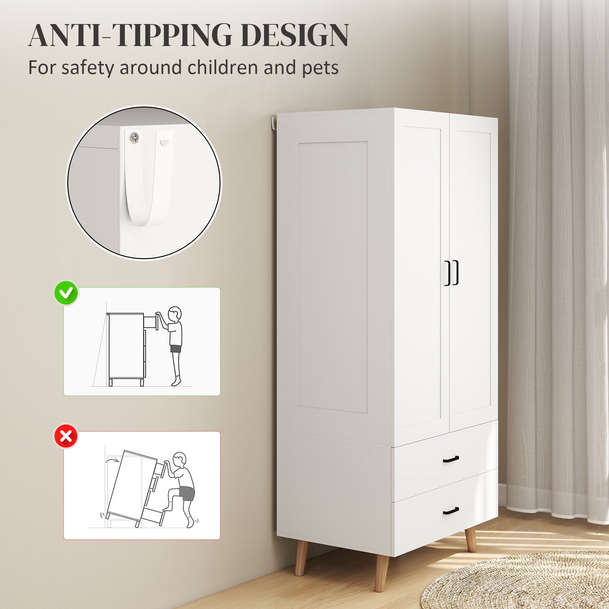 HOMCOM 2-Door Wardrobe, Modern Wardrobe with 2 Drawers and Hanging Rail for Bedroom, White