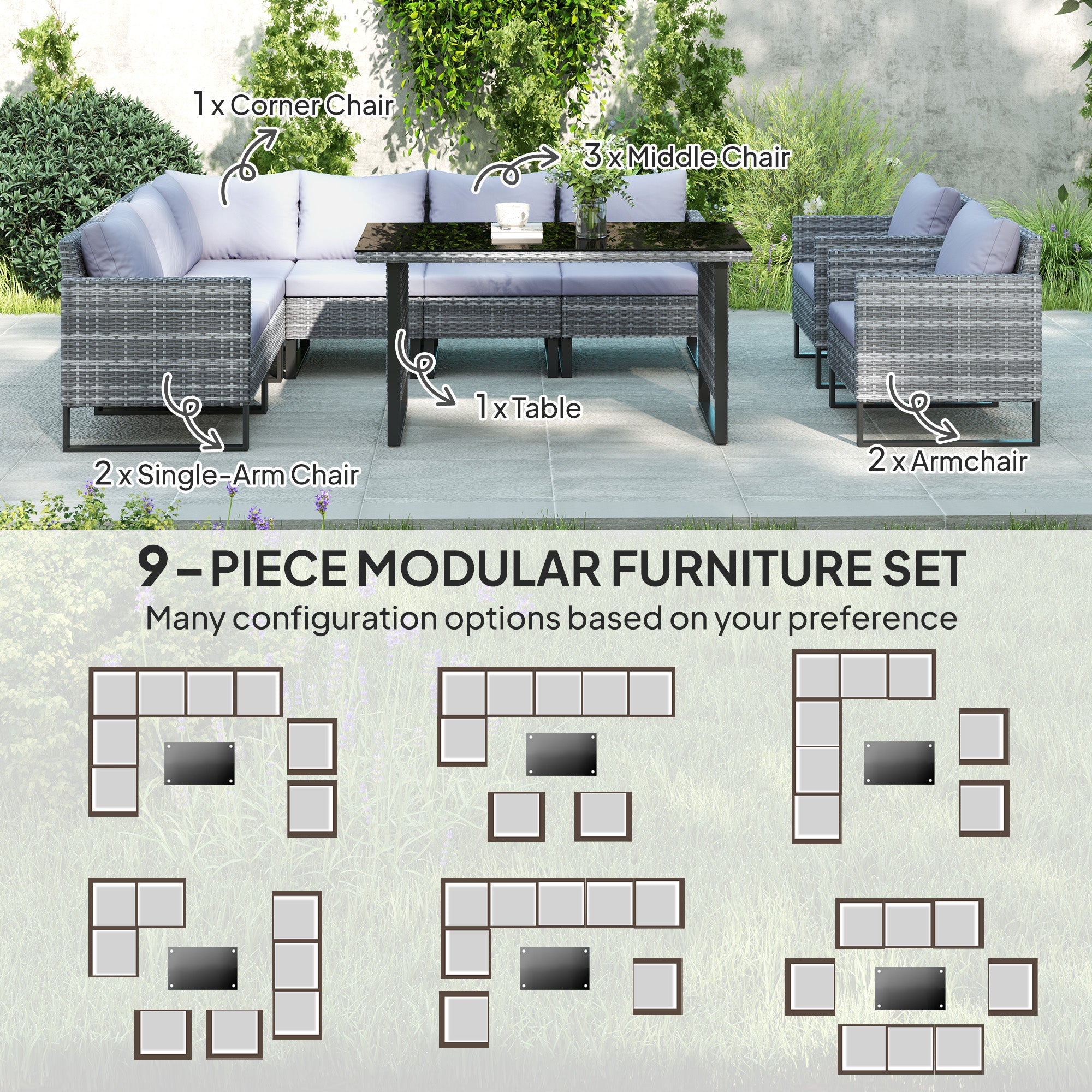 Outsunny 9 Piece Rattan Garden Furniture Set, 8 Seater Garden Corner Sofa with Cushions and Glass Top Table, Sectional Outdoor Furniture Conservatory Set for Patio, Light Grey - North Peak Garden Furniture