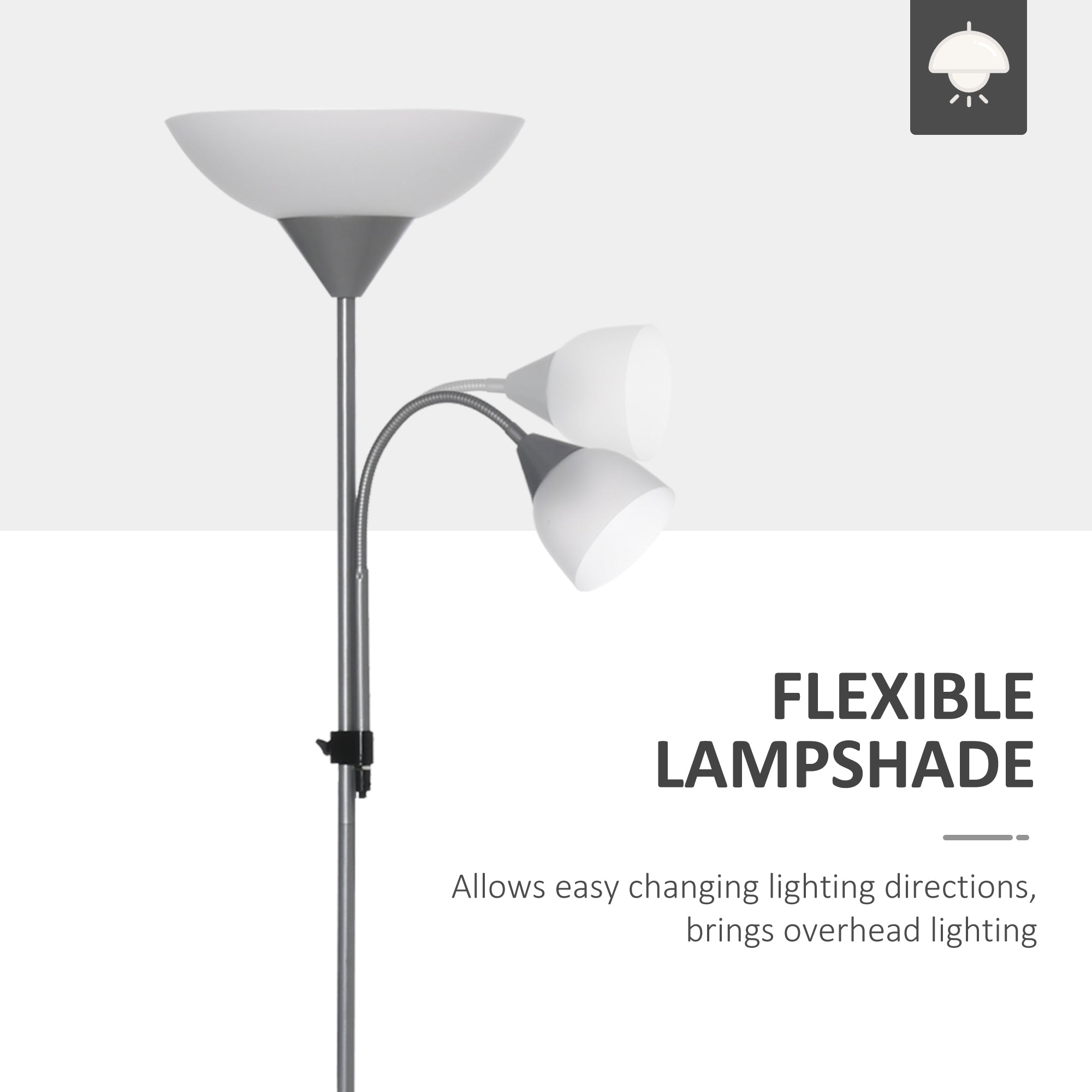 HOMCOM Modern Floor Lamp, Uplighter 2-Light Reading Lamp with Adjustable Heads, Tall Standing Lamp for Living Room, Bedroom, Office - North Peak Garden Furniture