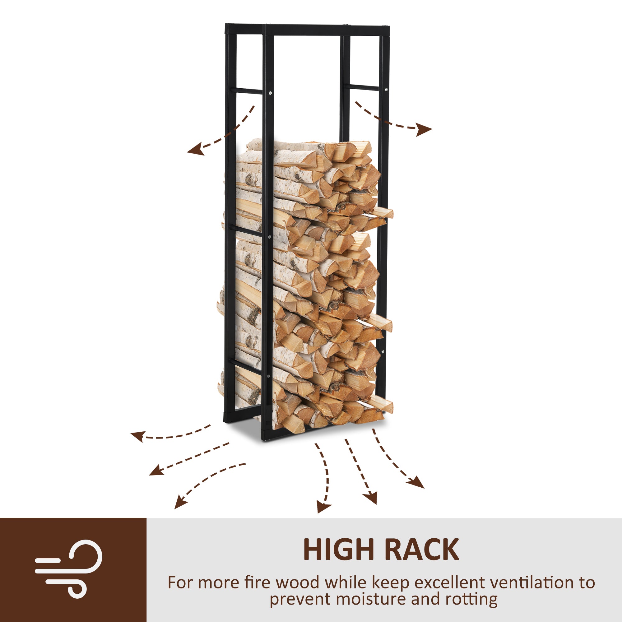 HOMCOM Metal Firewood Log Holder Tall Firewood Rack Indoor Outdoor Fireplace Wood Storage Shelf with Side Rails, Rust-Resistant, Black, 40W x 25D x 150H cm