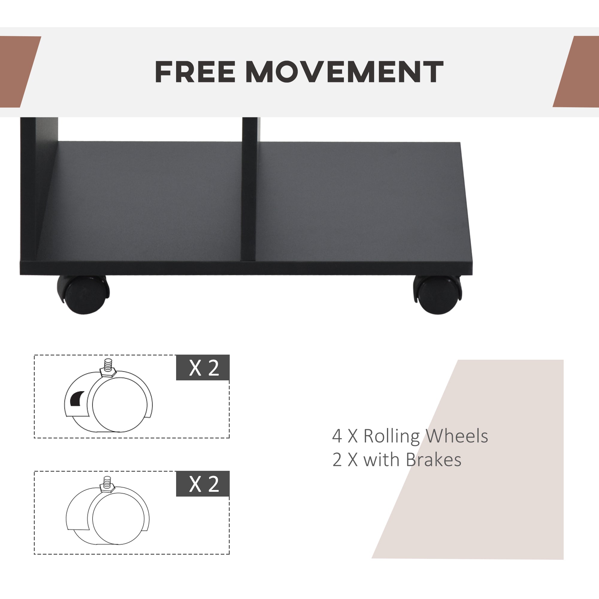 HOMCOM C-Shape End Table Unique Storage Unit w/ 2 Shelves 4 Wheels Freestanding Home Furniture Cabinet Square Black - North Peak Garden Furniture