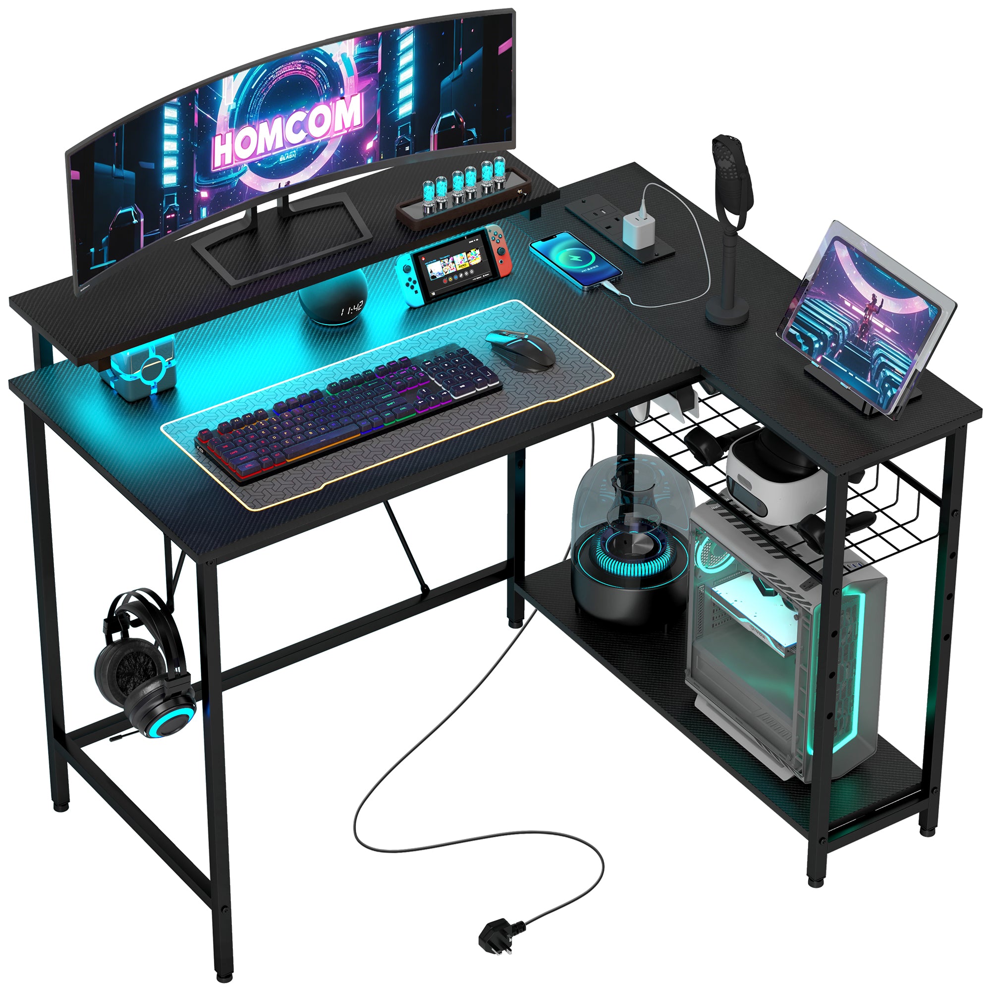 HOMCOM Reversible 'L' LED Light Gaming/Work Desk - Black