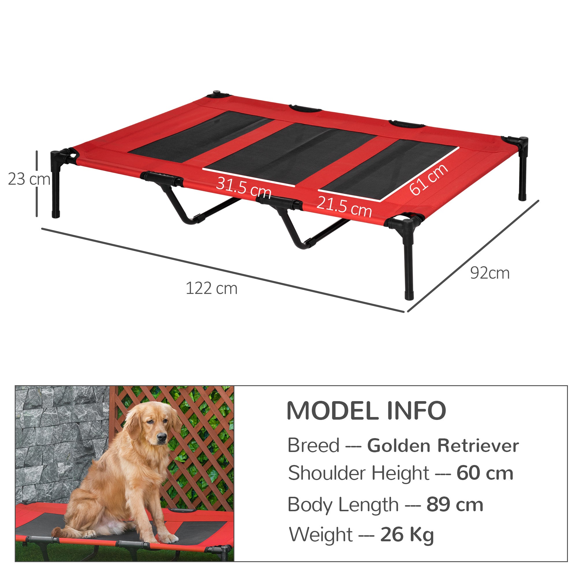 PawHut Raised Dog Bed Cooling Elevated Pet Cot with Breathable Mesh for Indoor Outdoor Use Red, XX Large, 122 x 92 x 23cm - North Peak Garden Furniture
