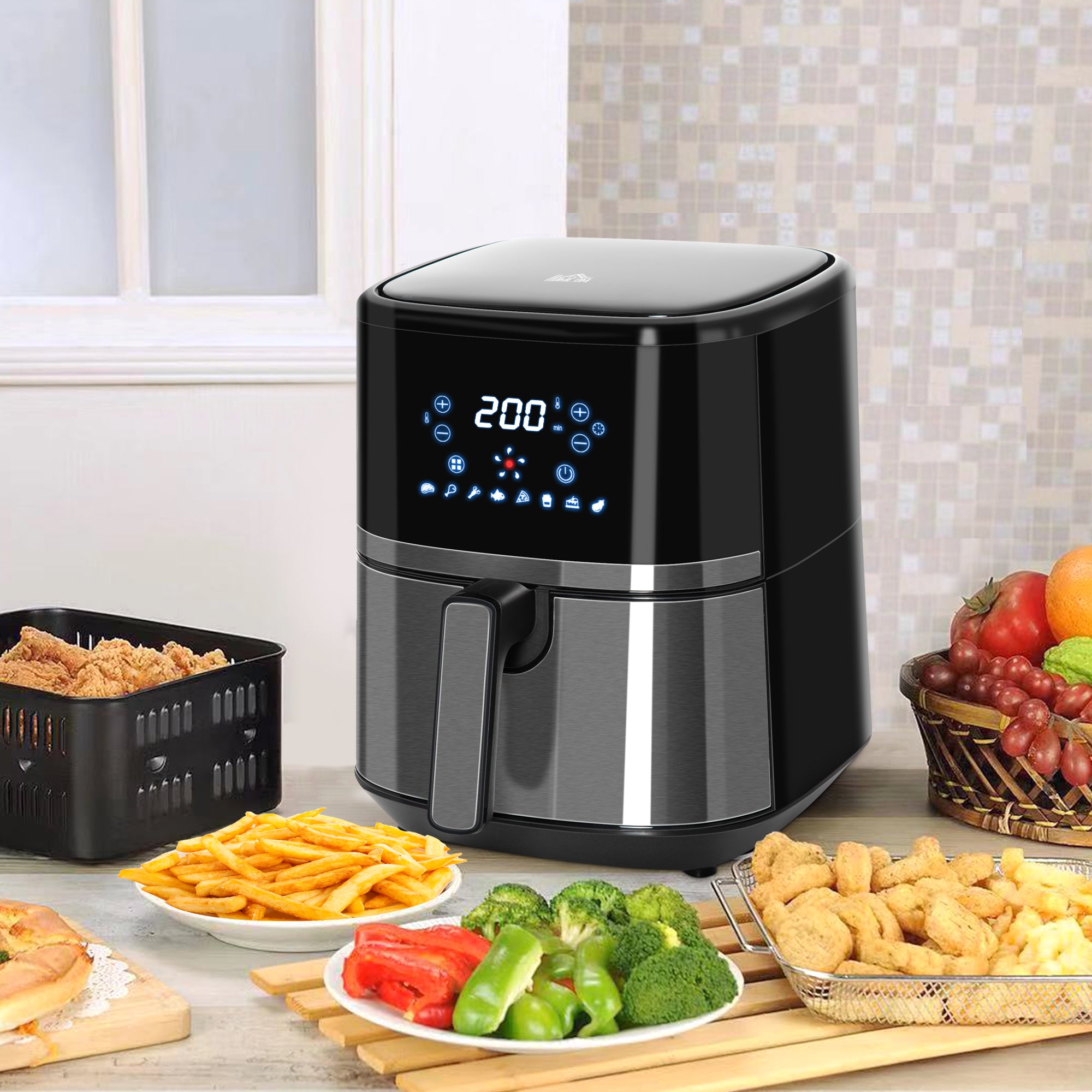 HOMCOM 4.5L Air Fryer, 8-in-1 Digital Air Fryer Oven with Rapid Air Circulation, Temp Control & Timer, Non-stick Basket, Oil-Free Cook, 1500W, Black - North Peak Garden Furniture