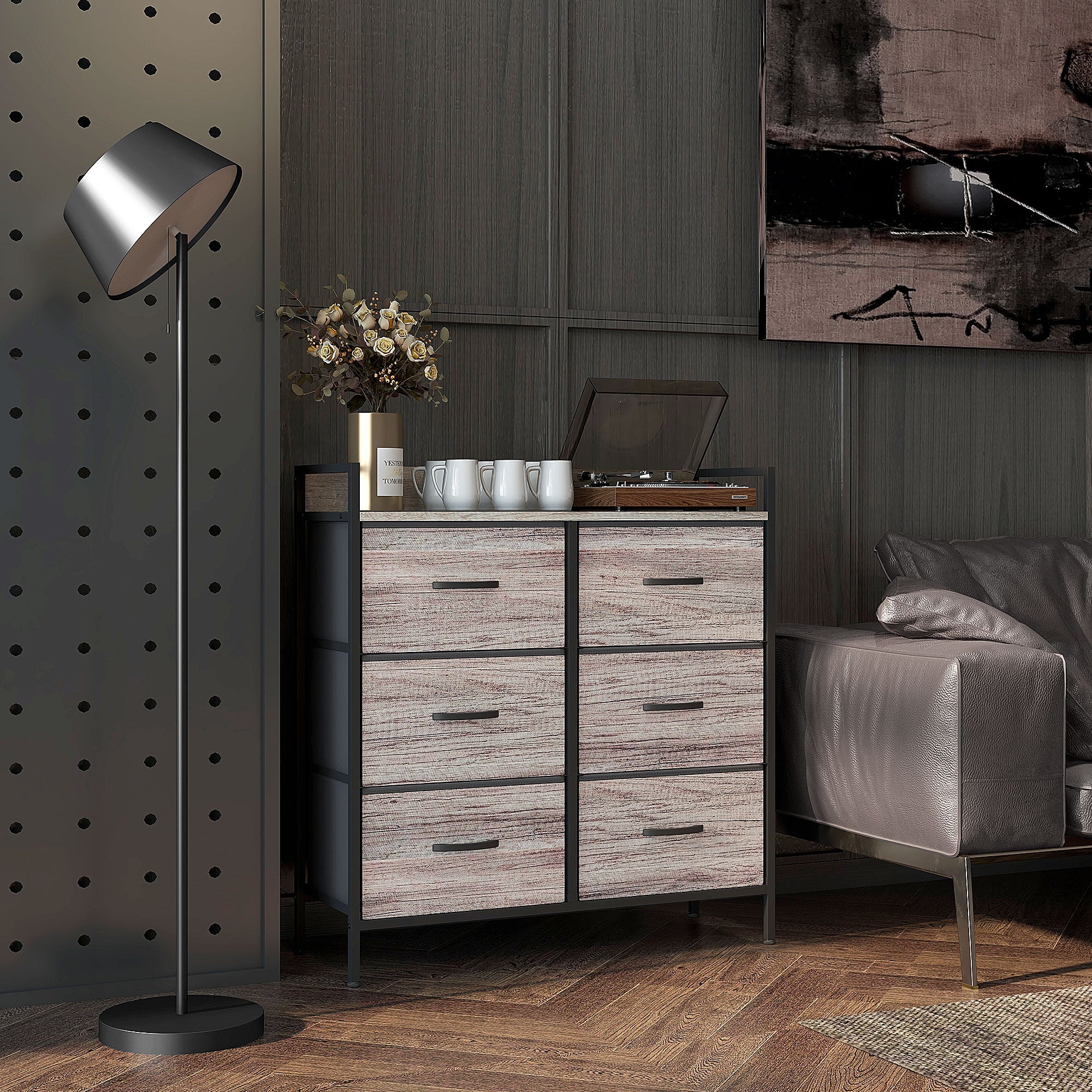 HOMCOM Rustic Chest of Six Fabric Drawers - Grey Wood Effect - North Peak Garden Furniture