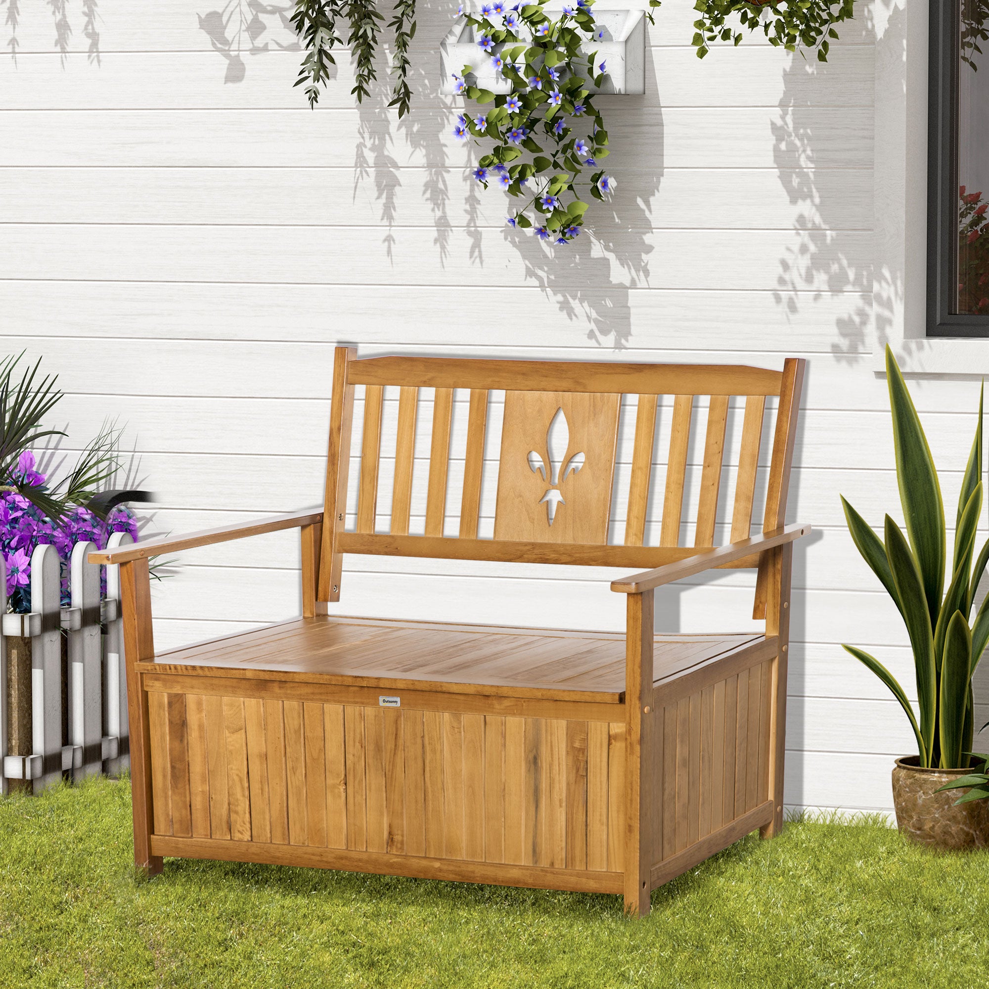Outsunny Two-Seater Wooden Storage Bench - Natural Finish - North Peak Garden Furniture
