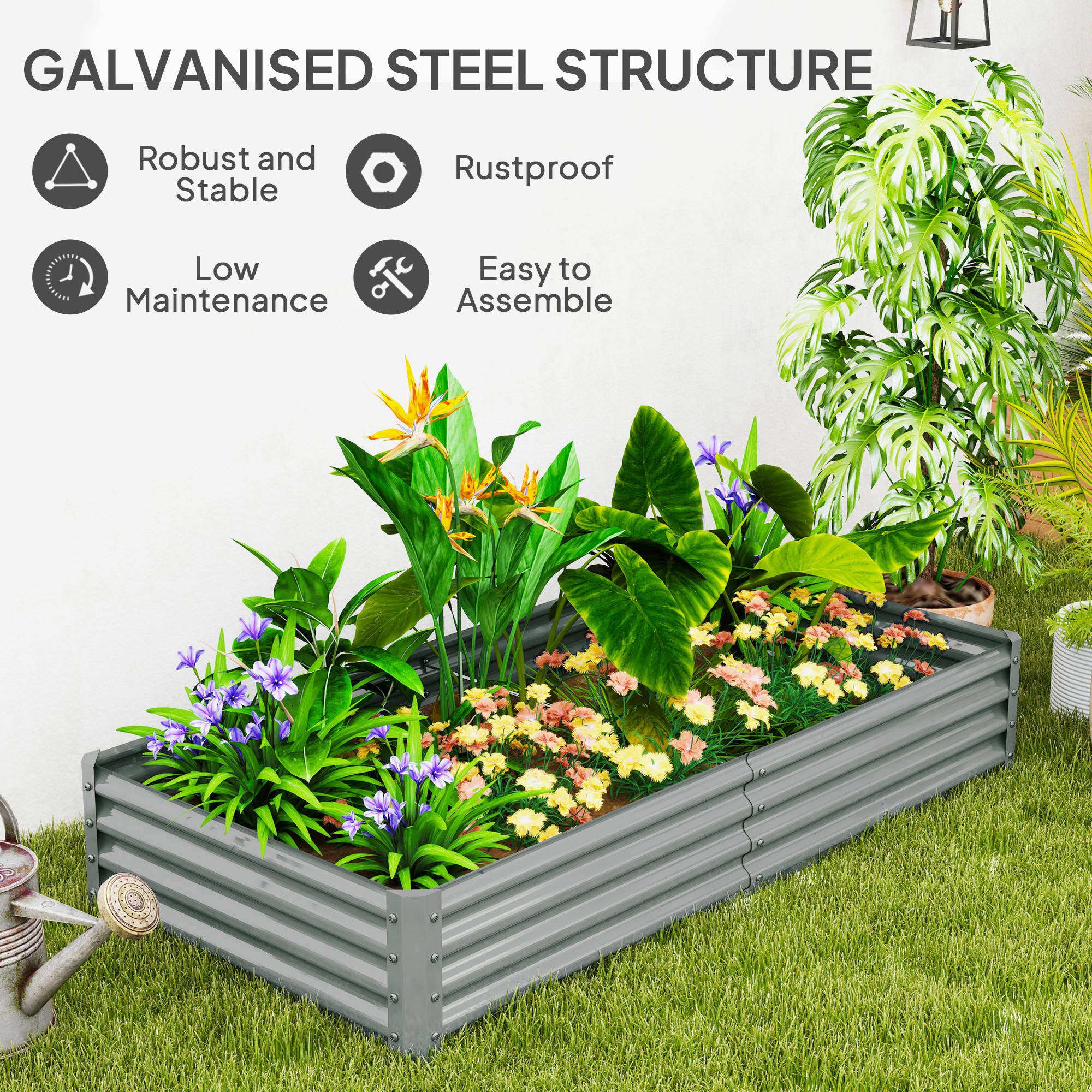 Outsunny 180 x 90cm Galvanised Steel Open Planter - Silver - North Peak Garden Furniture
