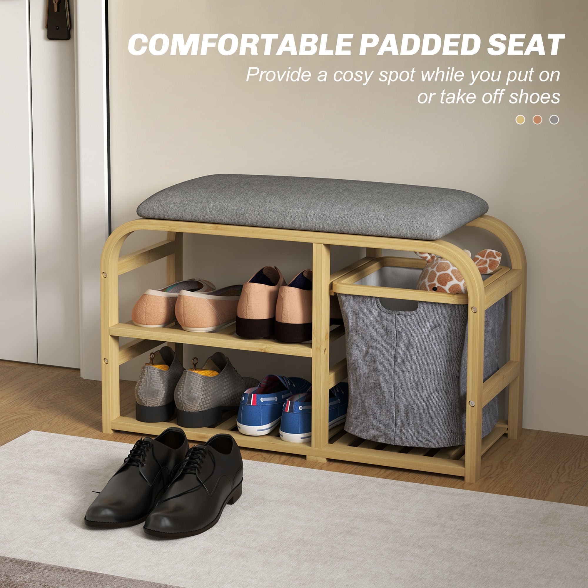 HOMCOM Bamboo Shoe Rack Bench with Padded Seat - Nature Wood Finish - North Peak Garden Furniture