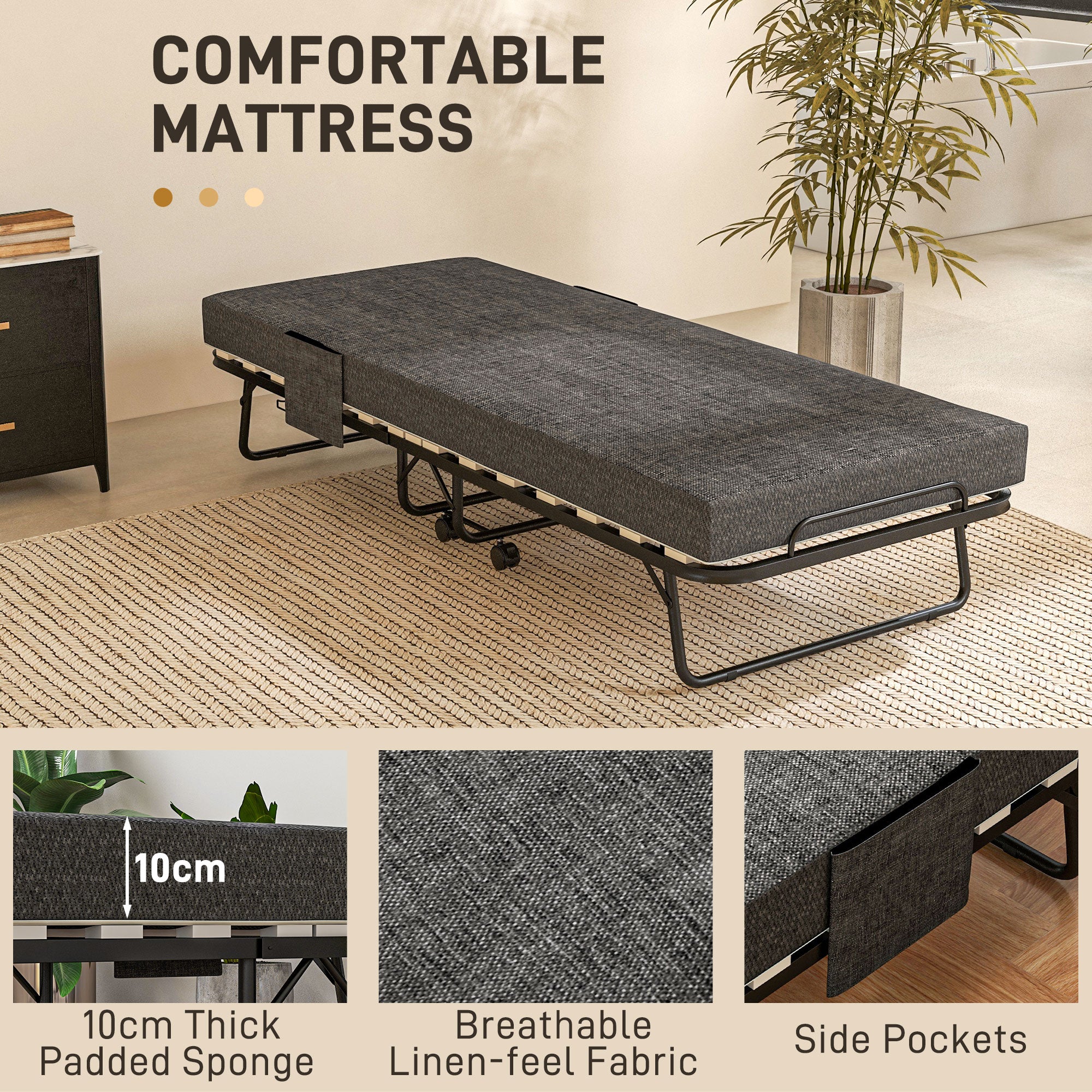 HOMCOM Single Steel Frame Folding Bed, with Wheels - Black/Grey - North Peak Garden Furniture