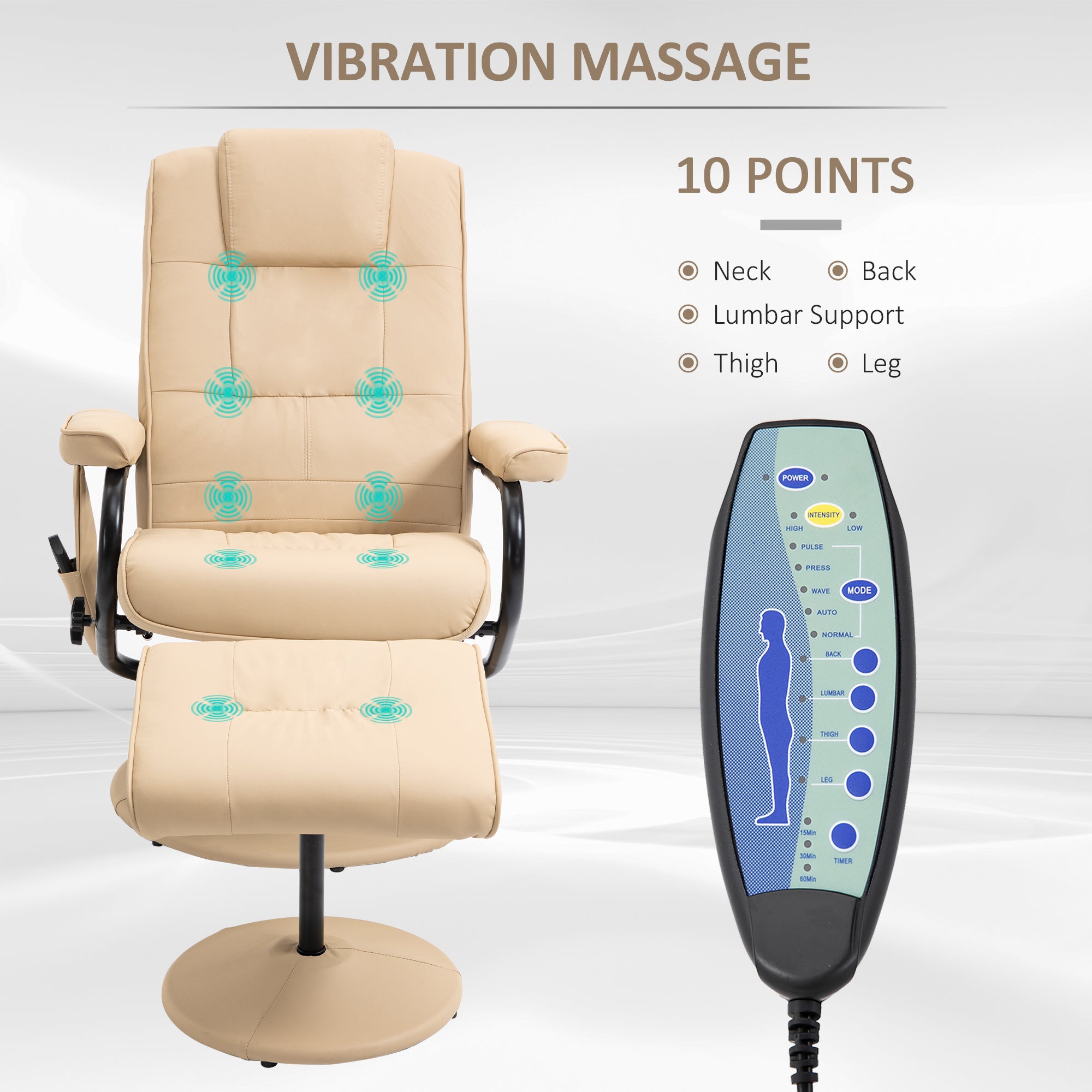 HOMCOM Manual Sofa Reclining Armchair PU Leather Massage Recliner Chair and Ottoman, Cream - North Peak Garden Furniture