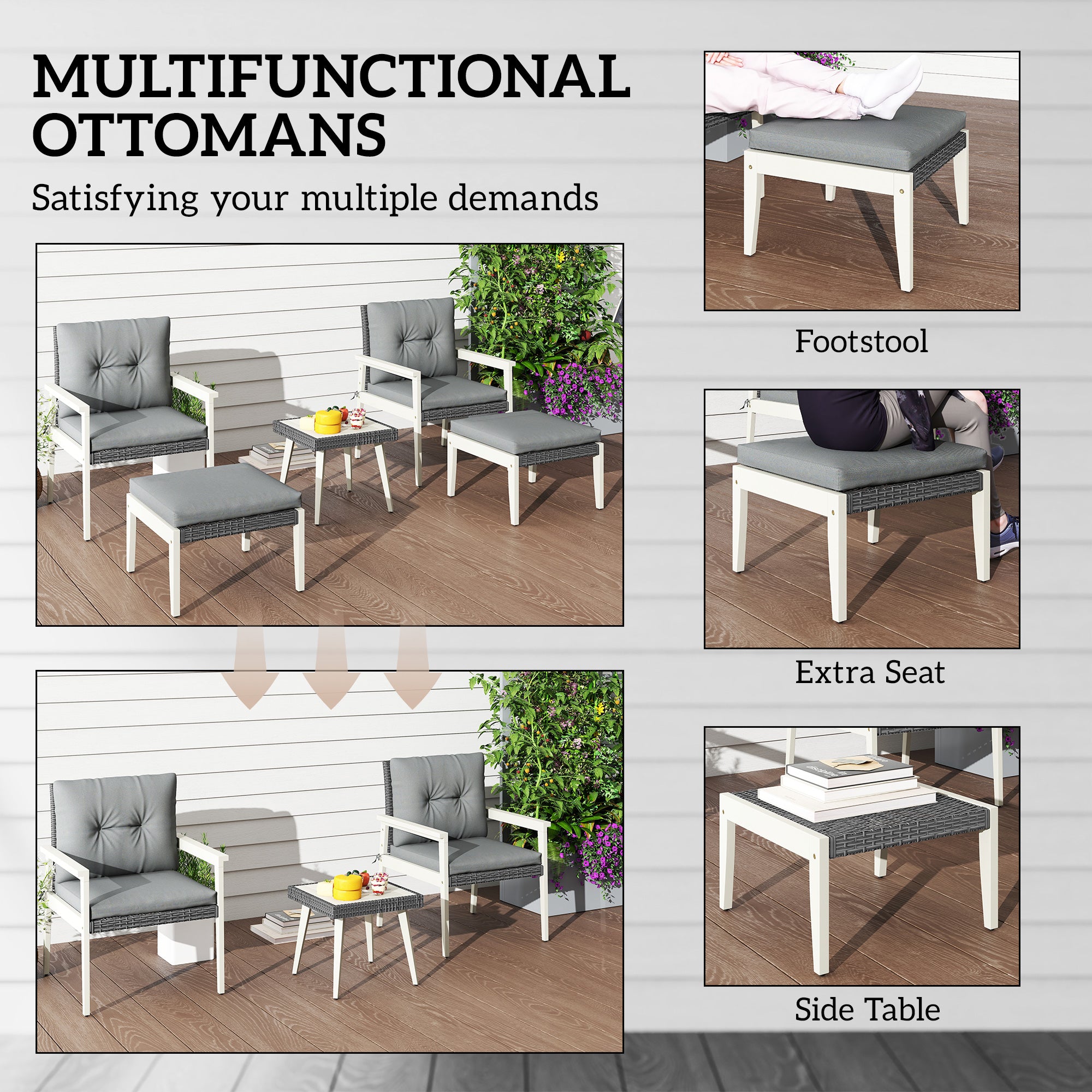 Outsunny 5 Pieces Rattan Garden Furniture Set, Patio Conversation Set with Cushions, Acacia Wood Top Coffee Table and Footstools, Outdoor Table and Chairs for Balcony, Terrace and Conservatory, Grey - North Peak Garden Furniture