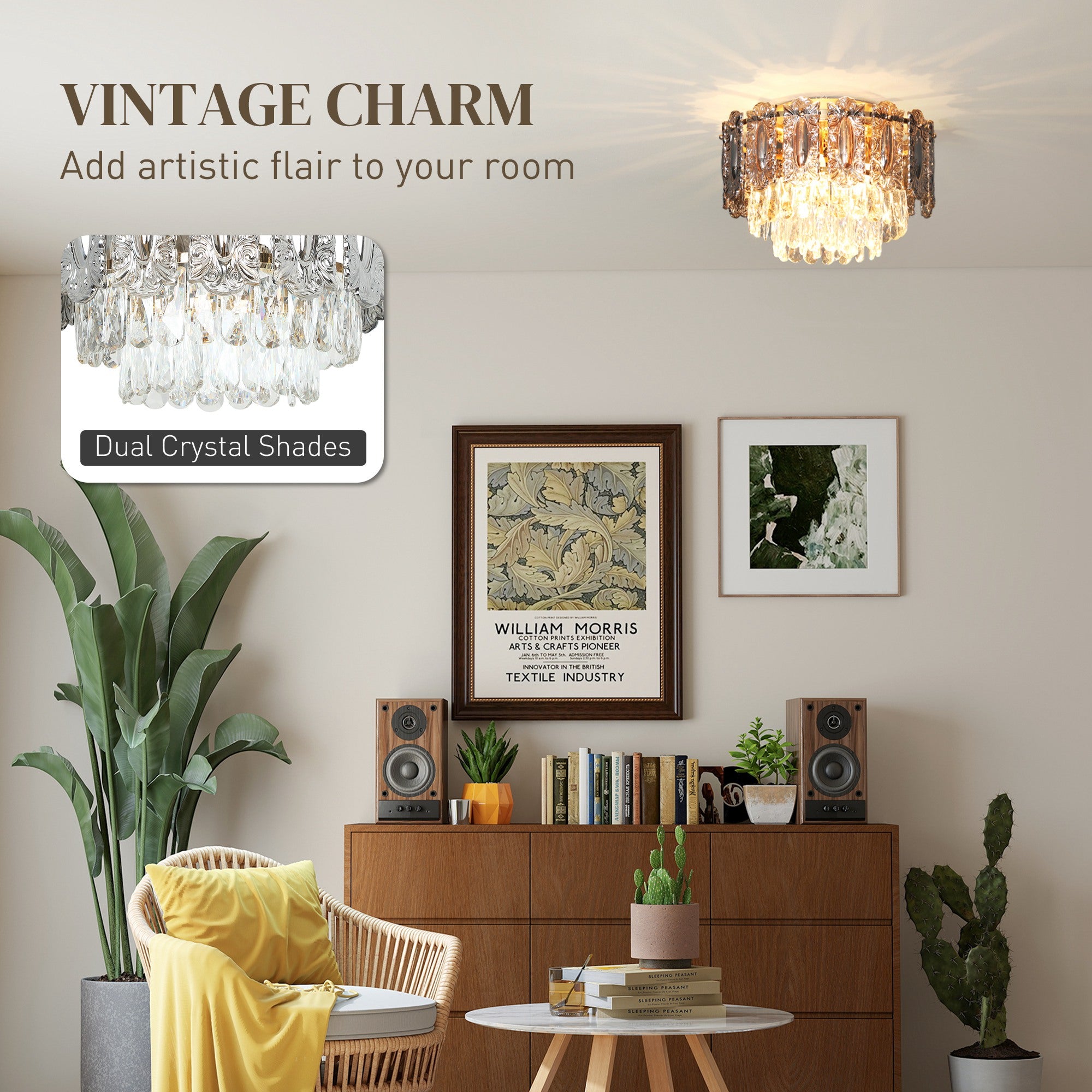 HOMCOM Chandelier Ceiling Light, 3-Light Vintage Flush Mount Fixture with Dual Crystal and Smoke Glass Shade, LED Ceiling Light for Living Room Bedroom, 3 E27 Sockets, Bulbs Not Included, Gold Tone