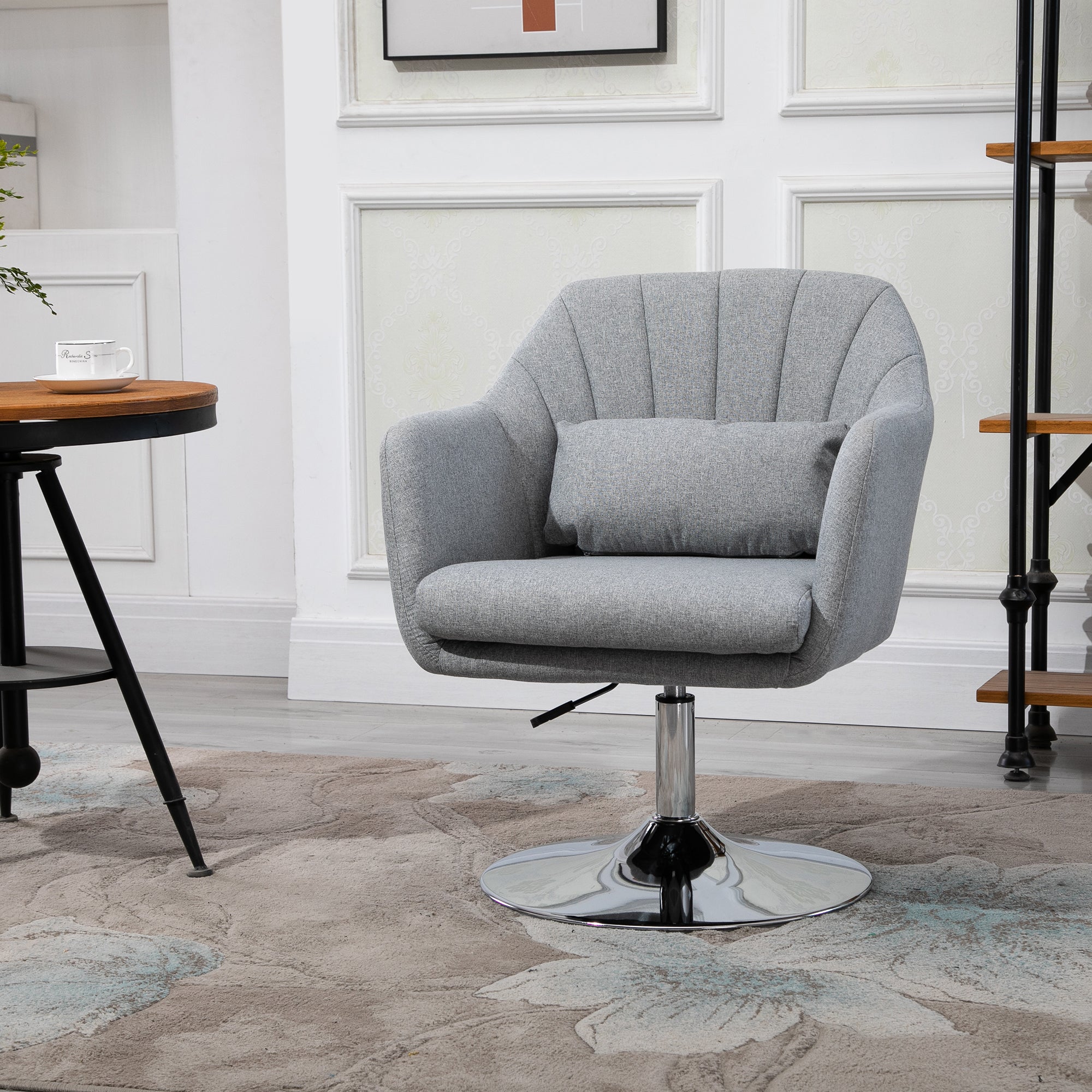 HOMCOM Swivel Linen Fabric Accent Chair for Living Room Contemporary Vanity Armchair with Adjustable Height Thick Cushion Lumbar Support Armrest for Bedroom Office Light Grey - North Peak Garden Furniture