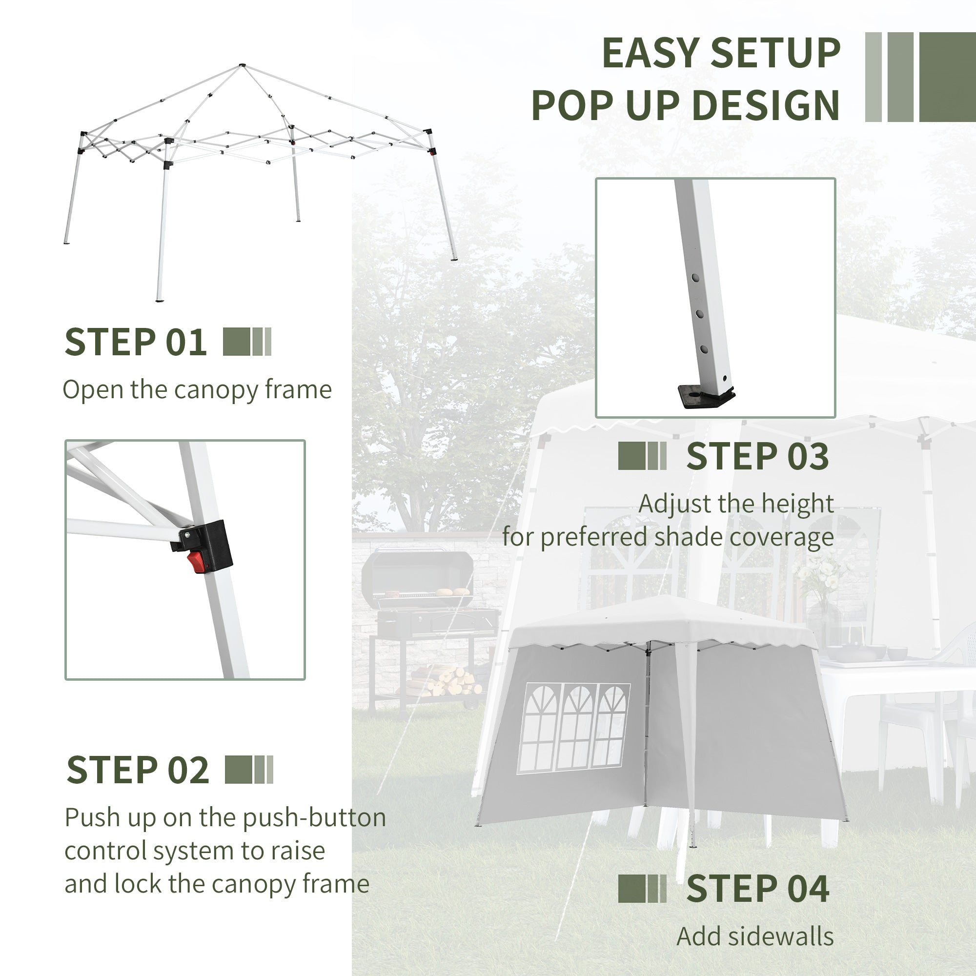 Outsunny Pop Up Gazebo with 2 Sides, Slant Legs and Carry Bag, Height Adjustable UV50+ Party Tent Event Shelter for Garden, Patio, 2.4 x 2.4m Top / 2.9 x 2.9m Base, White - North Peak Garden Furniture