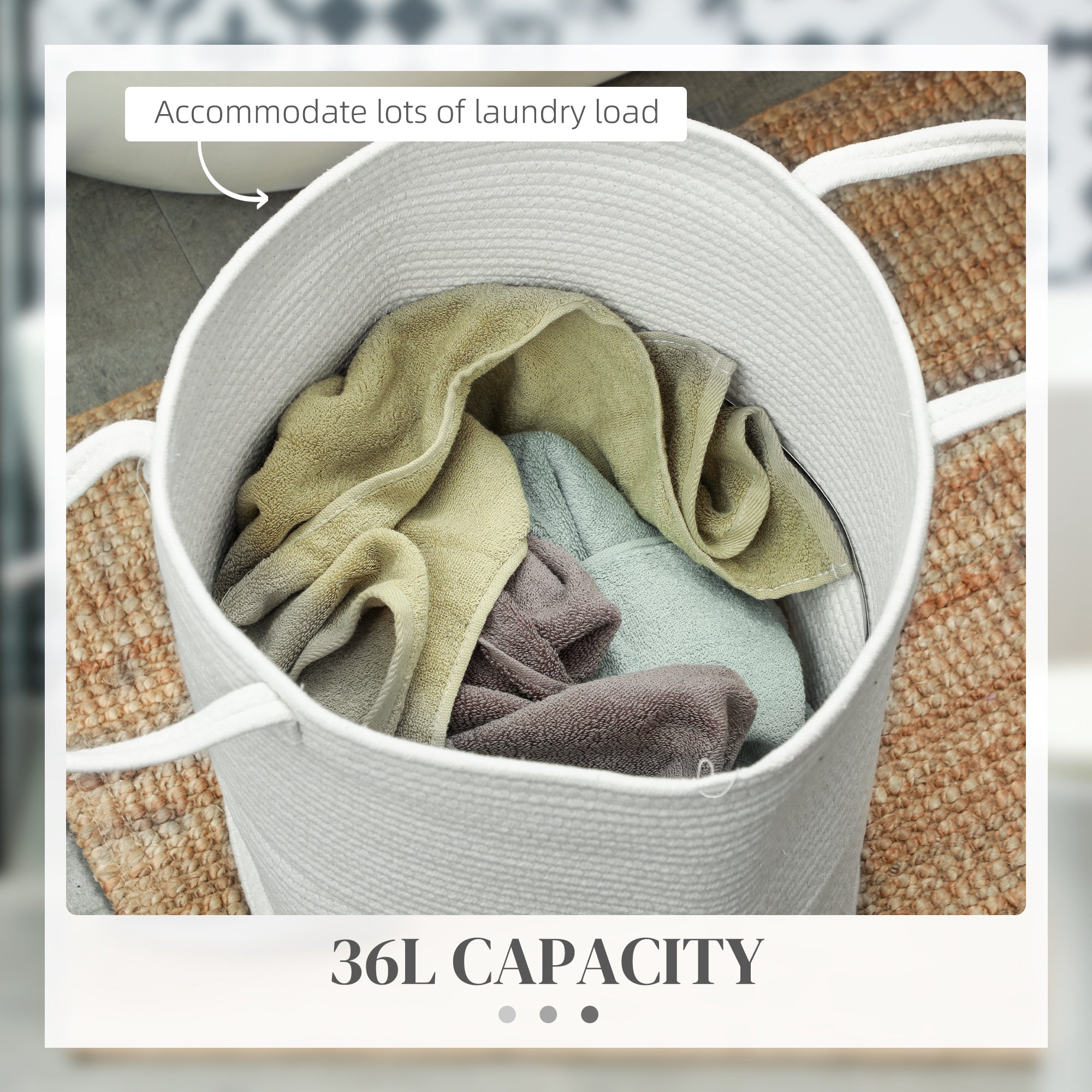 HOMCOM 36L Cotton Rope Laundry Basket, with Handles - Cream White - North Peak Garden Furniture