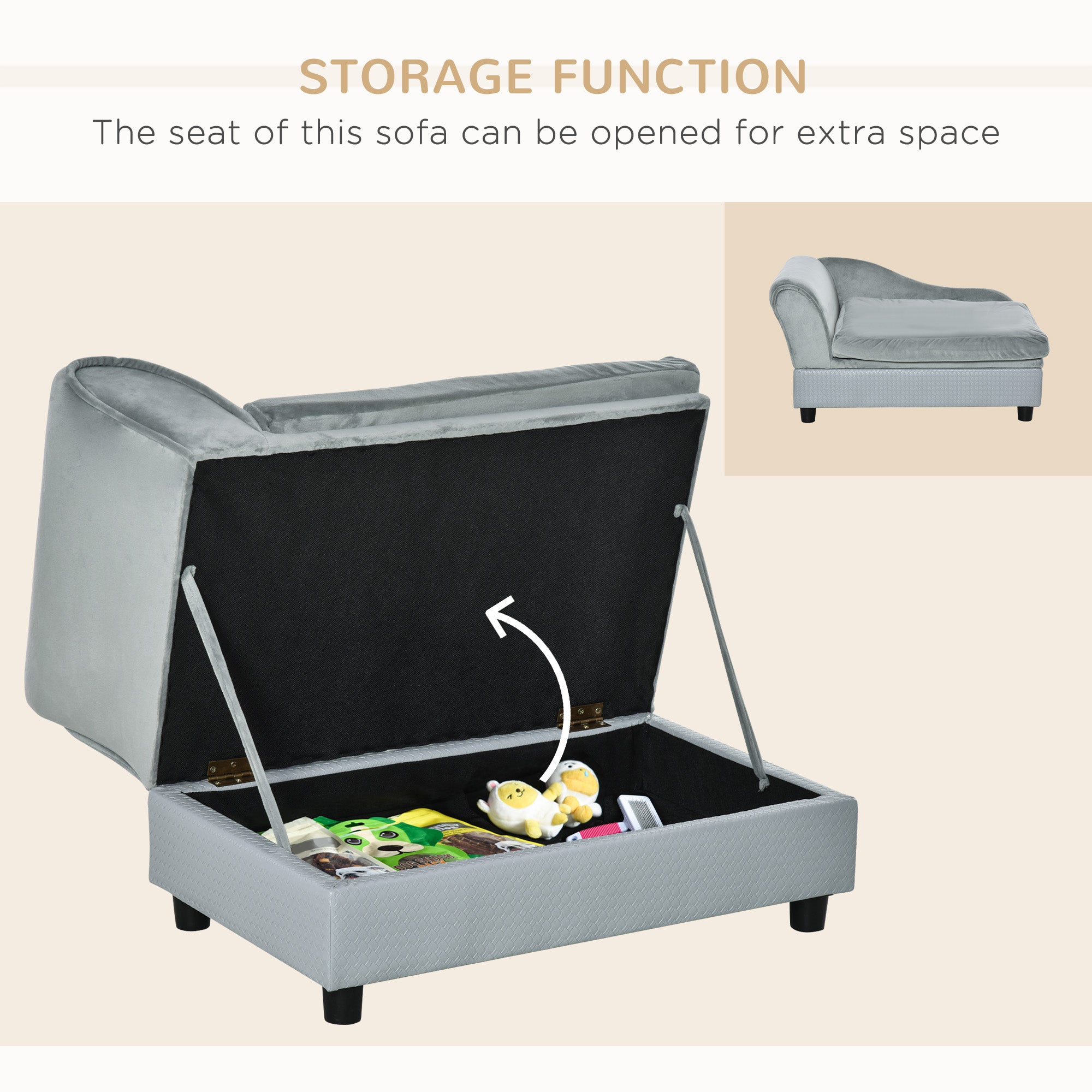 PawHut Pet Sofa Chair, with Storage, Cushion, for Small Dogs, Cats - Light Grey - North Peak Garden Furniture