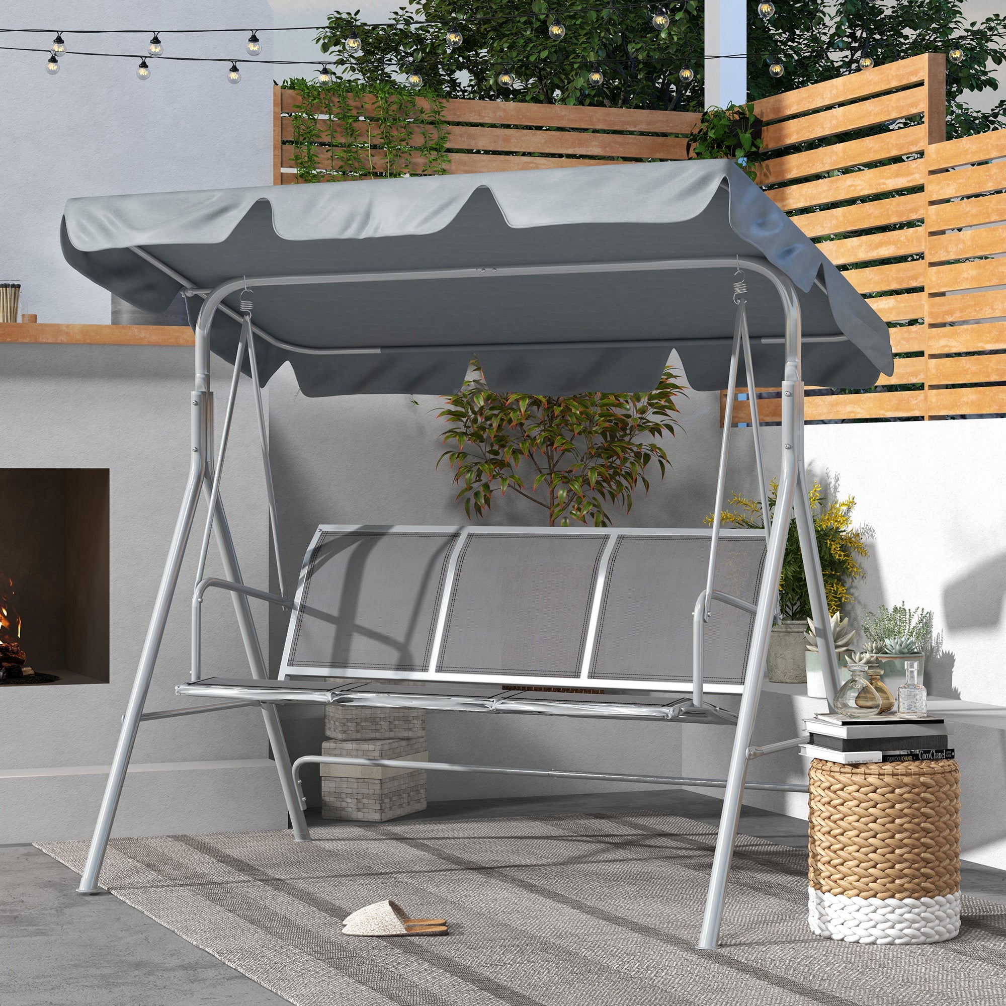 Outsunny Metal Garden Swing Chair, 3-Seater Swing Seat, Patio Hammock Bench Canopy Lounger, Light Grey - North Peak Garden Furniture