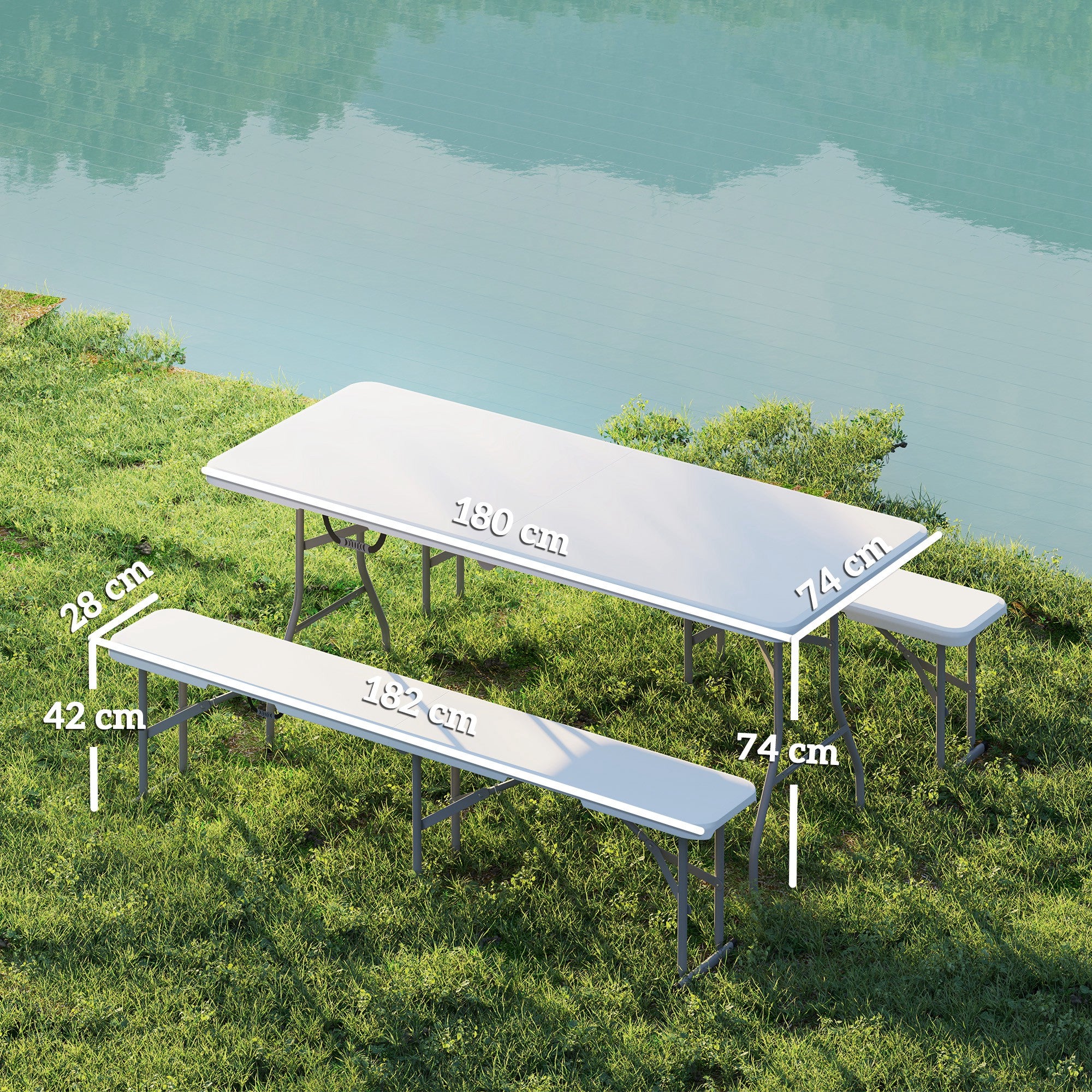 Outsunny 3 Piece 6ft Folding Picnic Table and Bench Set, Portable HDPE Camping Table and Chairs with Carrying Handles for Indoor Outdoor, Dining, Camping, Picnic, BBQ, Party, White - North Peak Garden Furniture