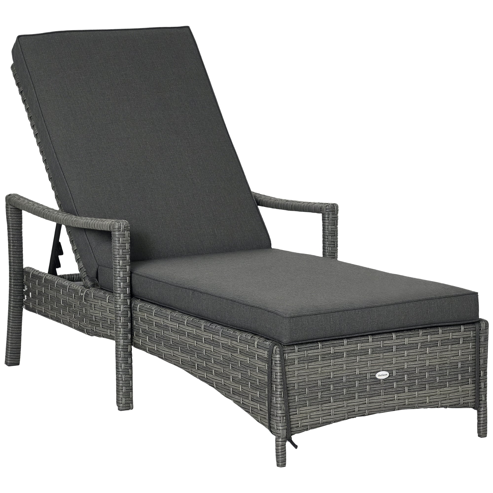 Outsunny Patio Rattan Sun Lounger, Dual Wicker Weave Outdoor Single Reclining Chair Furniture, 5-Level Adjustable Backrest w/ Removeable & Washable Cushion, Mixed Grey