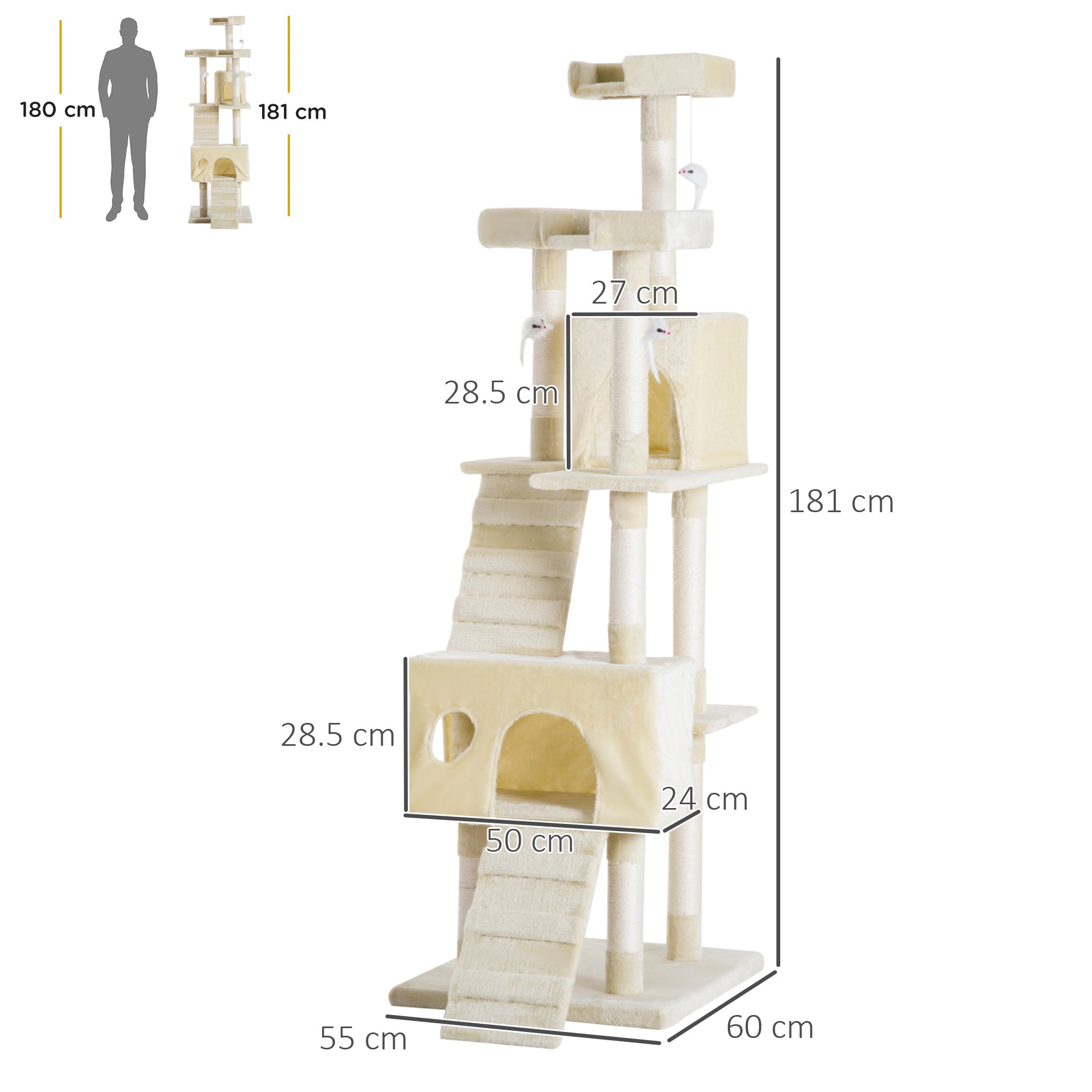 PawHut Multi-Level Cat Tower, Sisal Kitten Tree with Scratch Post, Climbing Toy Bed, 181cm(H), Durable