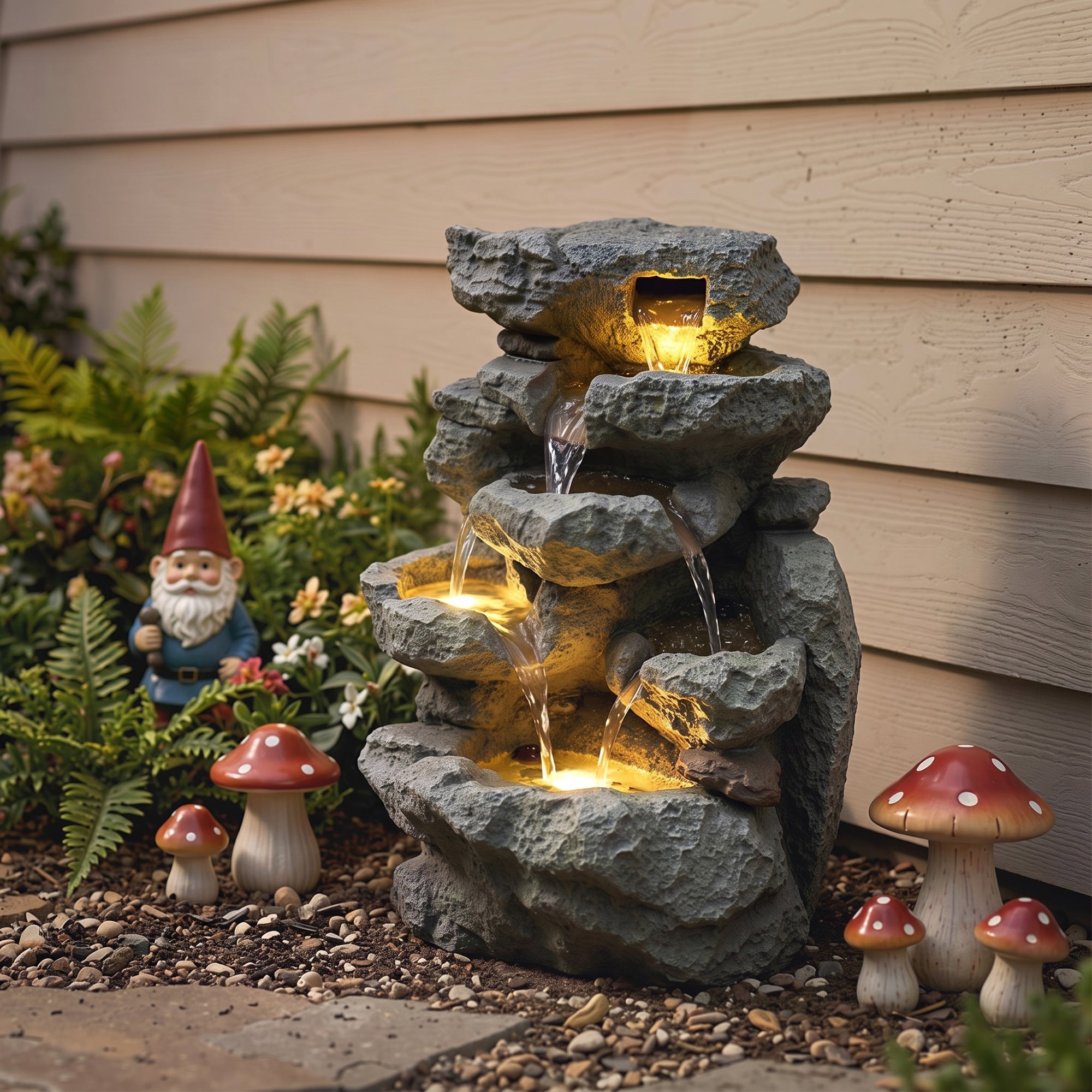 Outsunny Outdoor Fountain with 6-Tier Rock Design, Waterfall Feature with LED Lights, Resin Freestanding Garden Fountain, Grey
