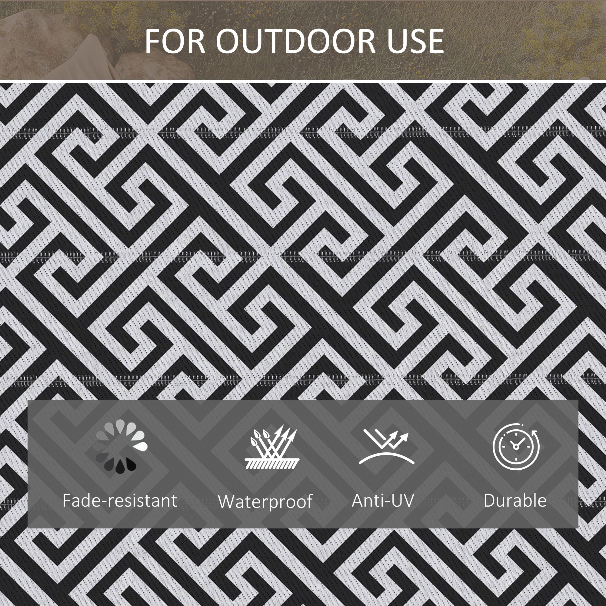 Outsunny 182 x 274 cm(6x9ft) Outdoor Rug Reversible Mat Plastic Straw Rug Portable RV Camping Mat for Garden Deck Picnic Indoor, Black & White - North Peak Garden Furniture