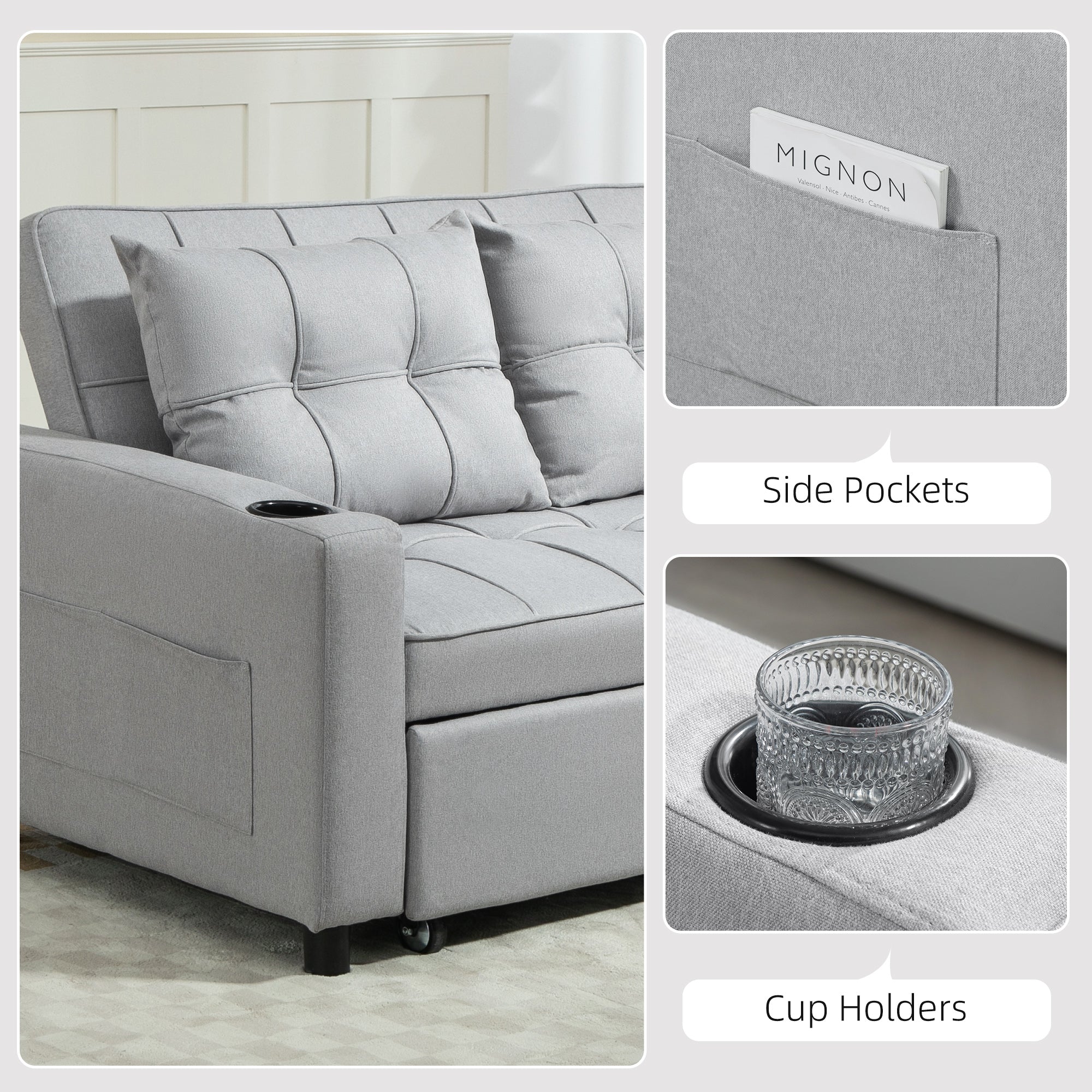 HOMCOM Two-Seater Pull-Out Sofa Bed - Light Grey - North Peak Garden Furniture