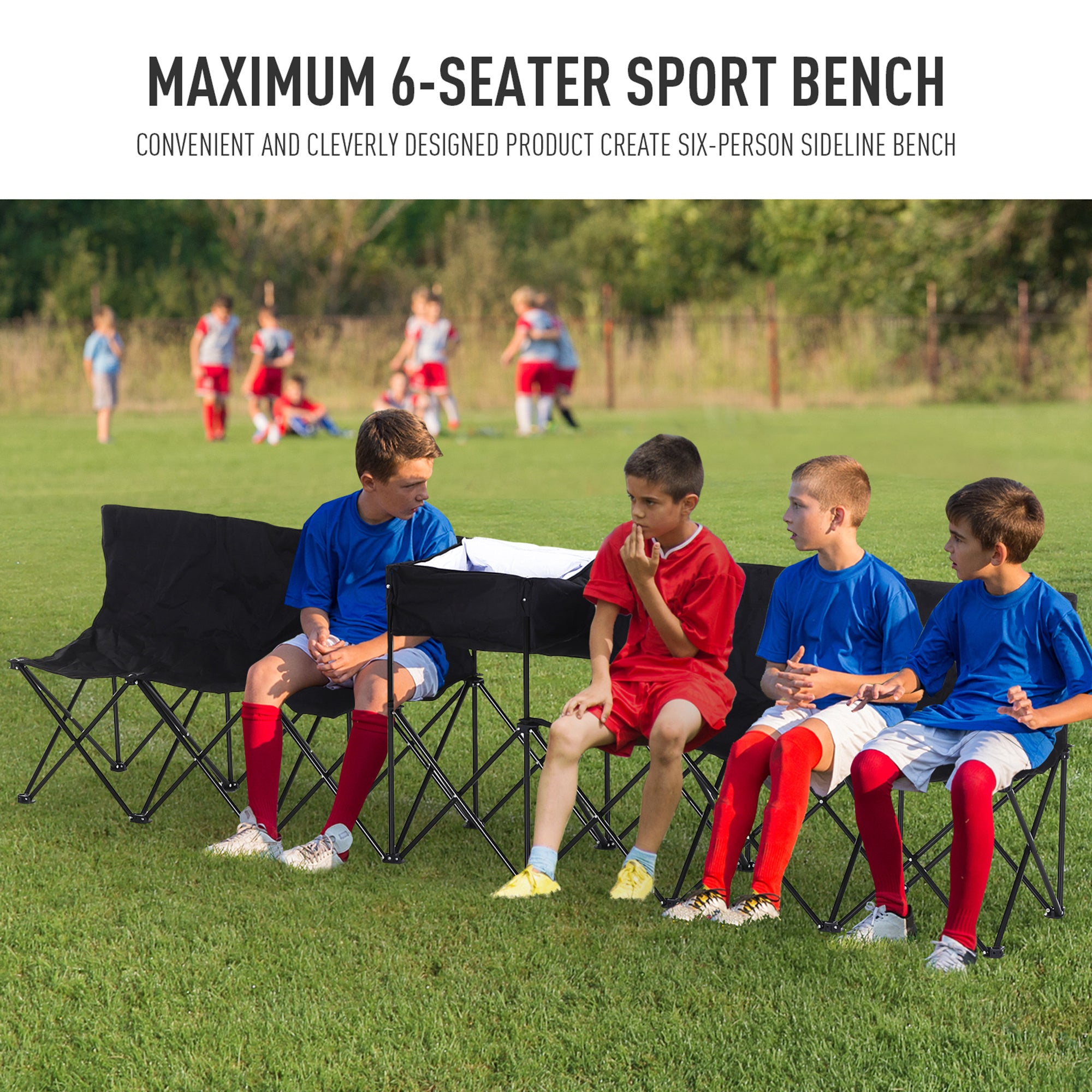 Outsunny 6 Seat Folding Sports Bench Portable Sports Team Bench Spectator Chair with Cooler Bag and Carrying Bag for Outdoor Picnic Camping - Black - North Peak Garden Furniture