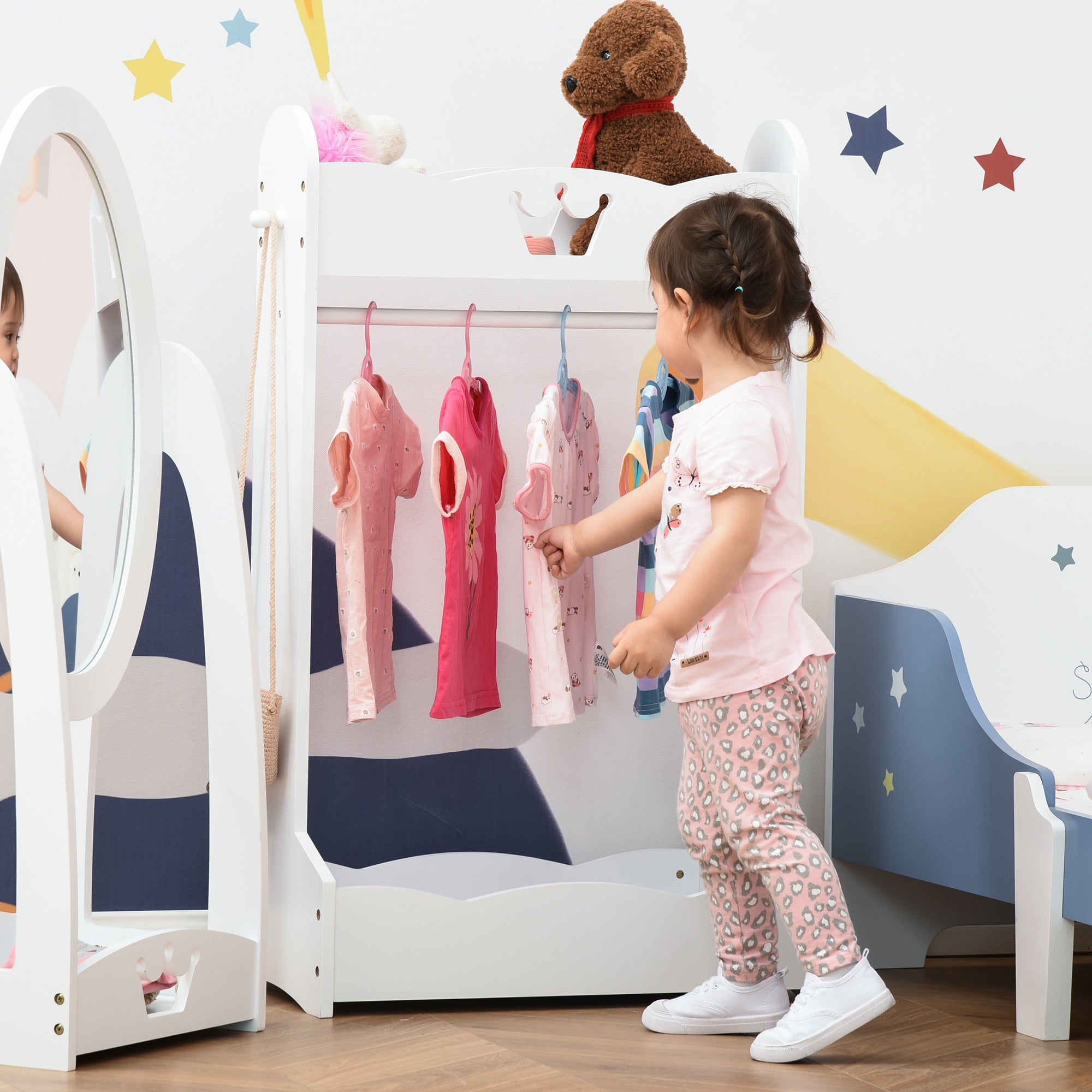 HOMCOM Kids Clothes Rail Wooden Hanging Rack with Storage Shelves Children Garment Freestanding Wardrobe for 3-8 Years Toddler, White - North Peak Garden Furniture