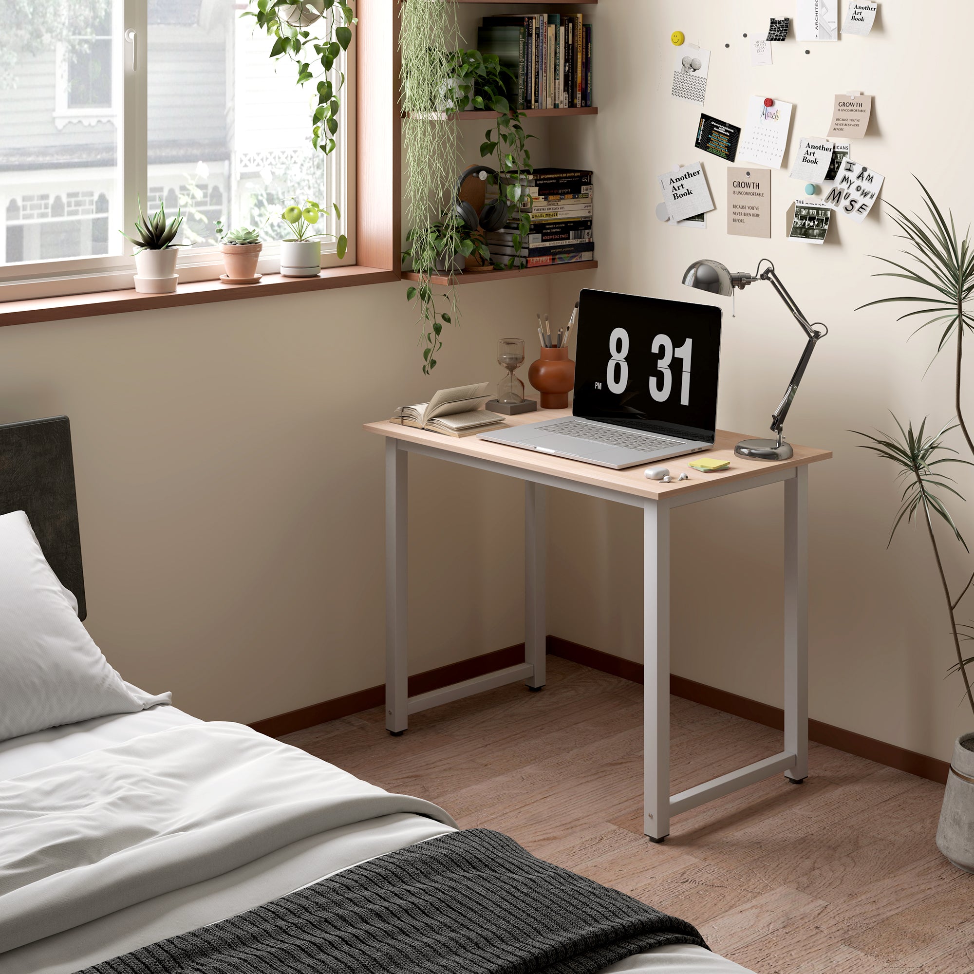HOMCOM Computer Desk, Writing Table, 100 x 60 x 76cm Workstation for Home Office, Study with Metal Frame, Simple Assembly, White - North Peak Garden Furniture
