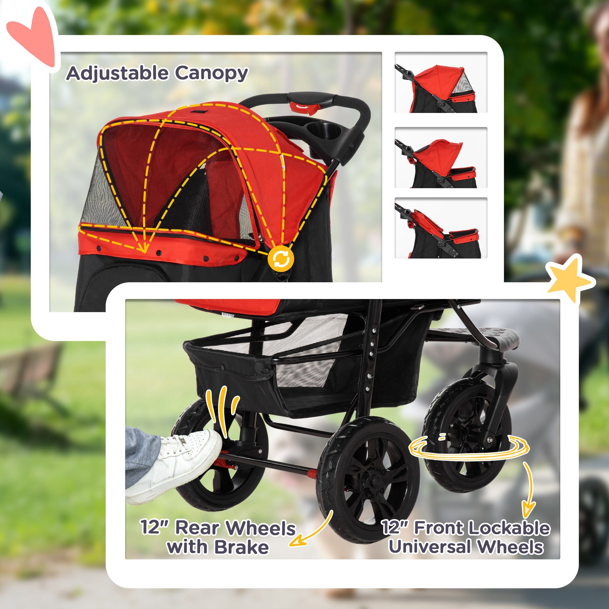 PawHut Oxford Cloth Folding 3-Wheel Pet Stroller Dog Trolley Red/Black