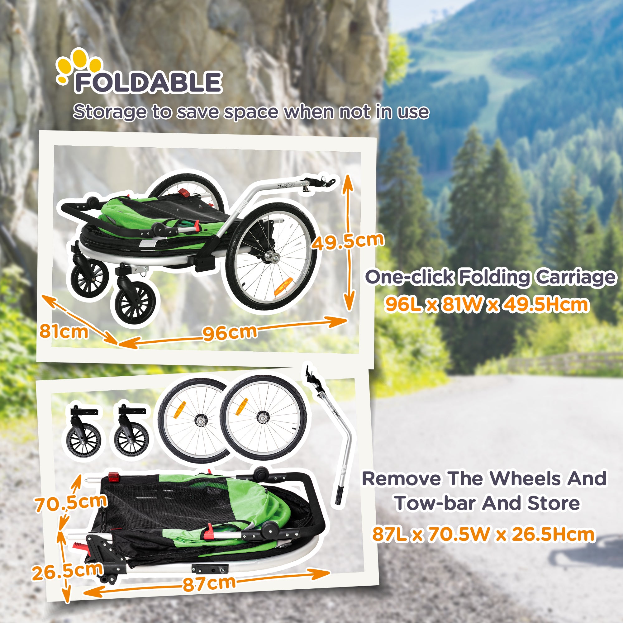 PawHut Dog Bike Trailer 2-in-1 Pet Stroller for Large Dogs Cart Foldable Bicycle Carrier Aluminium Frame with Safety Leash Hitch Coupler Reflector Flag Orange - North Peak Garden Furniture