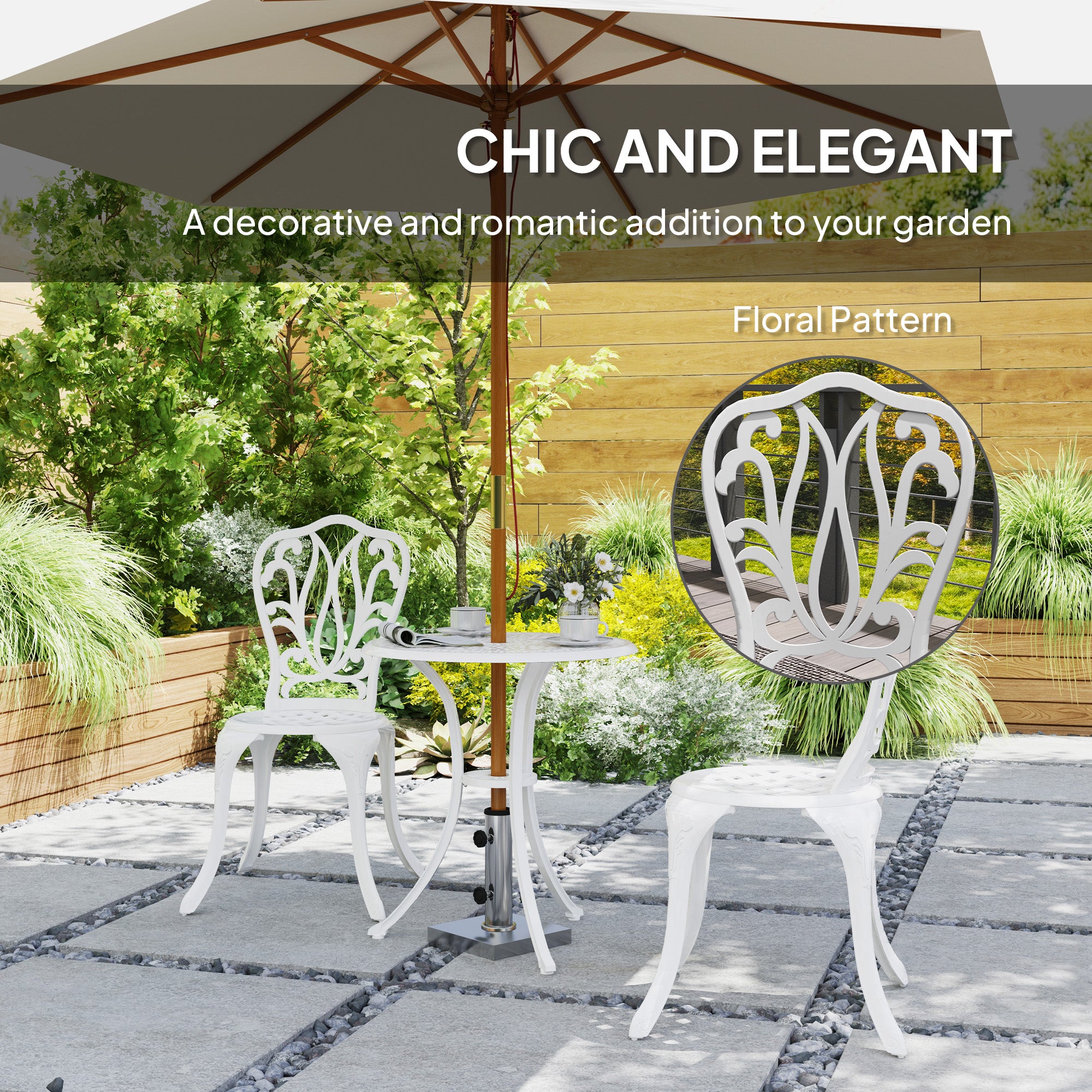 Outsunny 3 Piece Garden Bistro Set, Cast Aluminium Outdoor Furniture Set with Umbrella Hole for Balcony, Porch, Patio, White - North Peak Garden Furniture