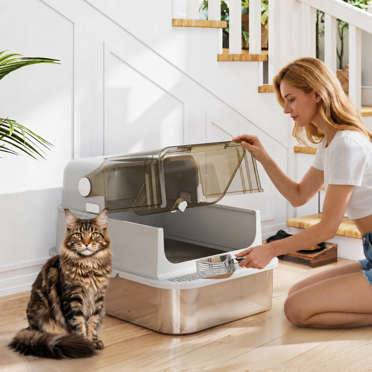 PawHut XXL Stainless Steel Cat Litter Tray, Enclosed Cat Litter Box with 90° Flip Cover, Double Doors, Scoop, Easy Clean, Grey